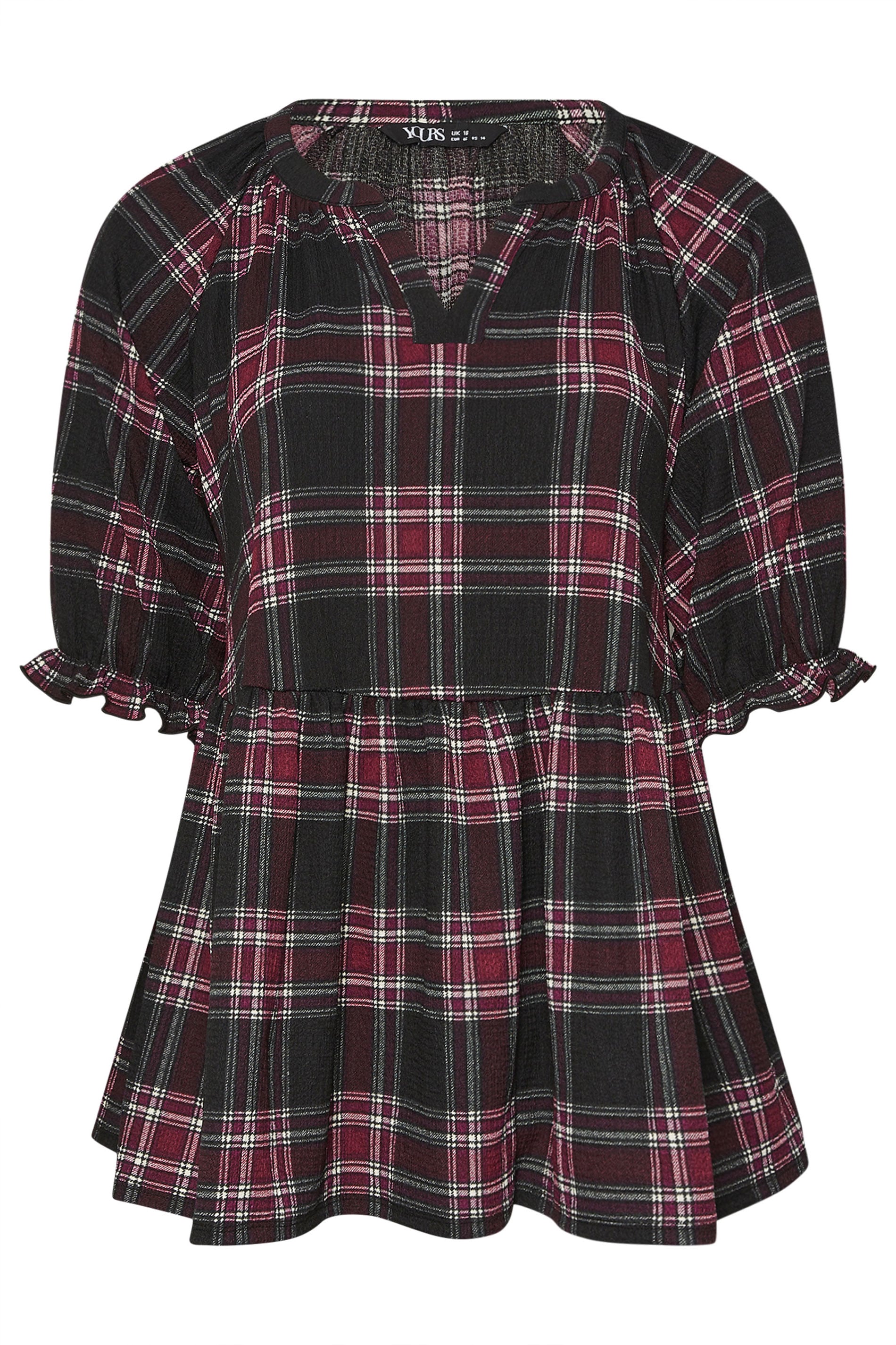 YOURS Plus Size Black Check Textured Peplum Top | Yours Clothing 5