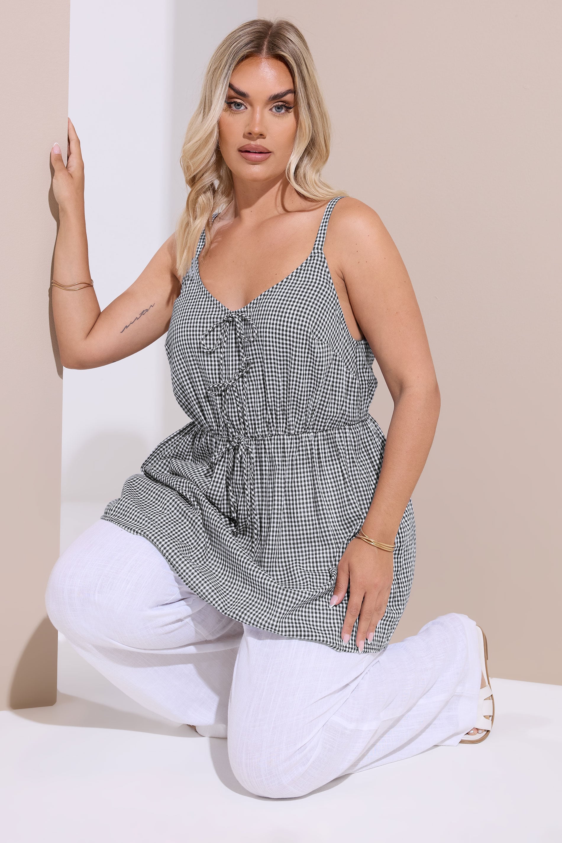 YOURS Plus Size Black & White Gingham Tie Front Cami Top | Yours Clothing 2