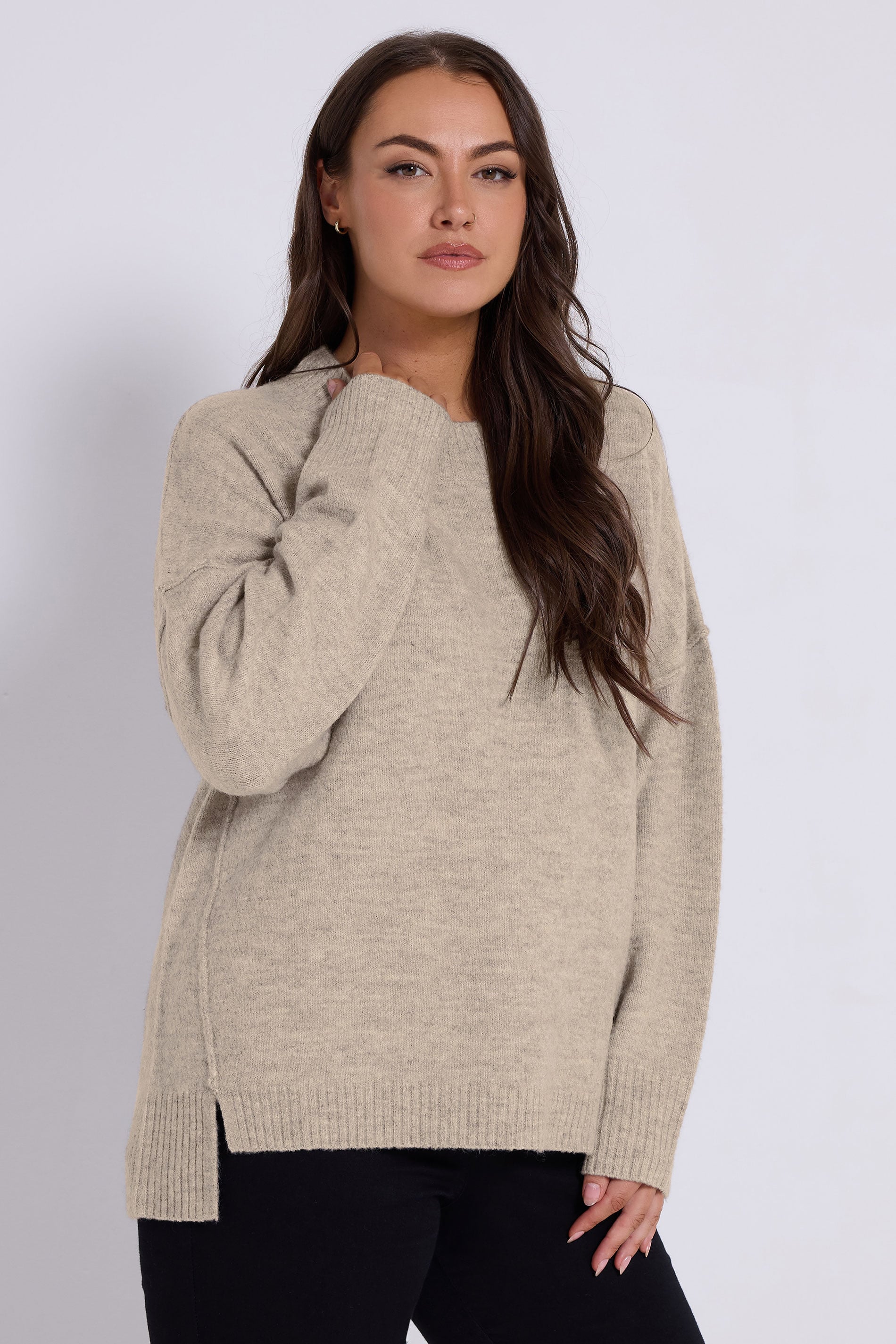 YOURS Plus Size Beige Brown Drop Shoulder Seam Detail Jumper | Yours Clothing 3