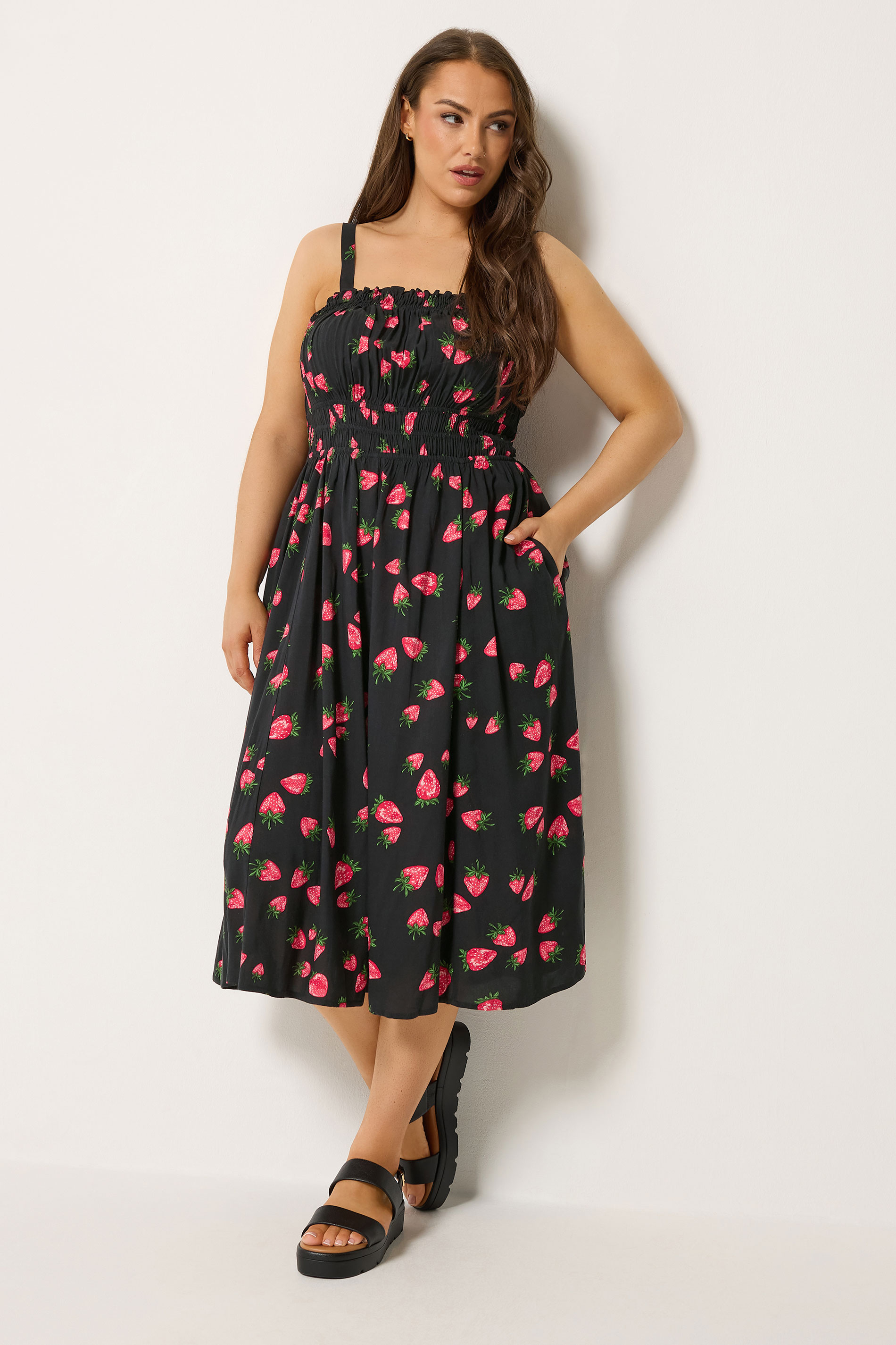YOURS Plus Size Black Strawberry Print Midi Dress | Yours Clothing 1