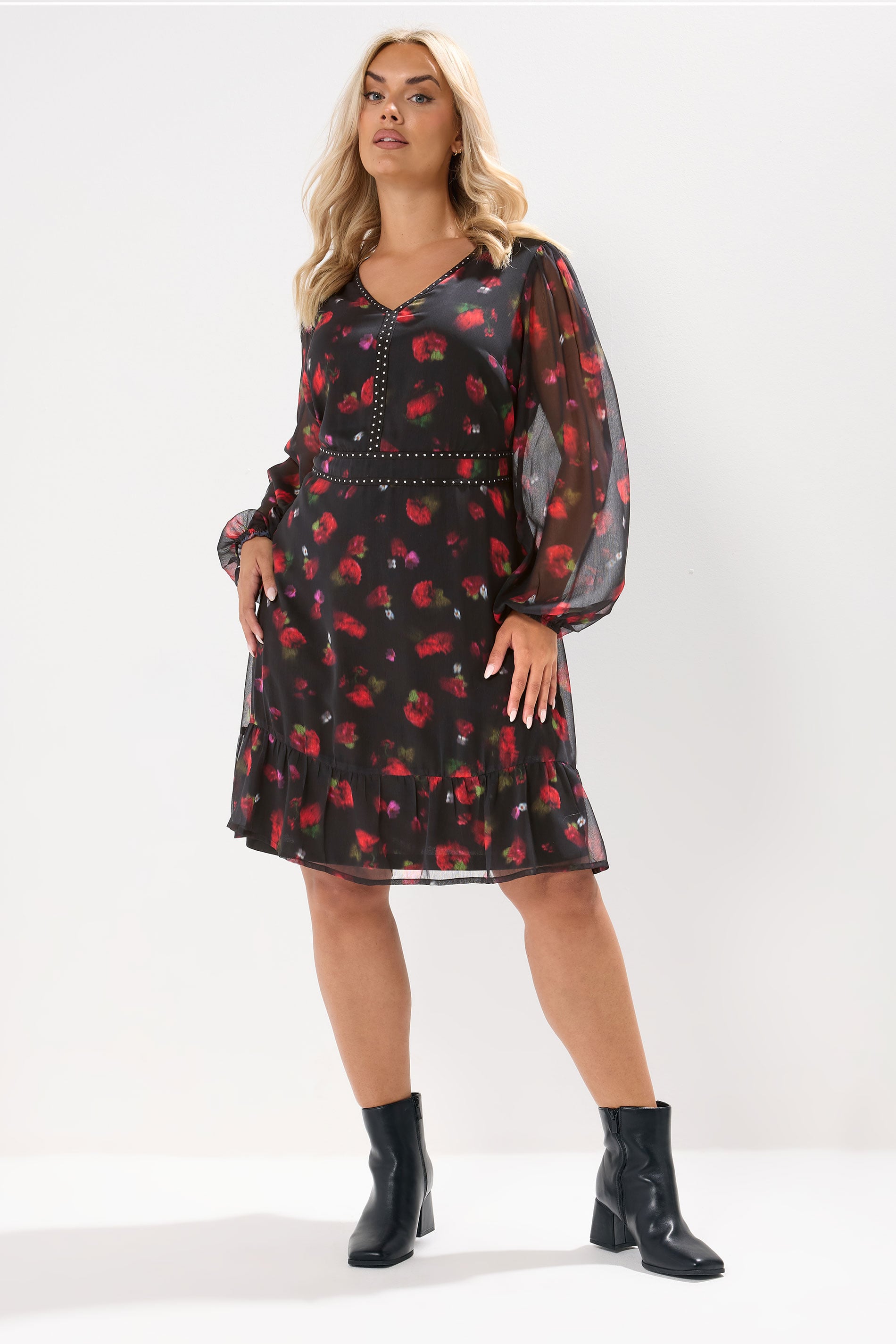 YOURS Plus Size Black Blurred Floral Stud Midi Dress | Yours Clothing 1