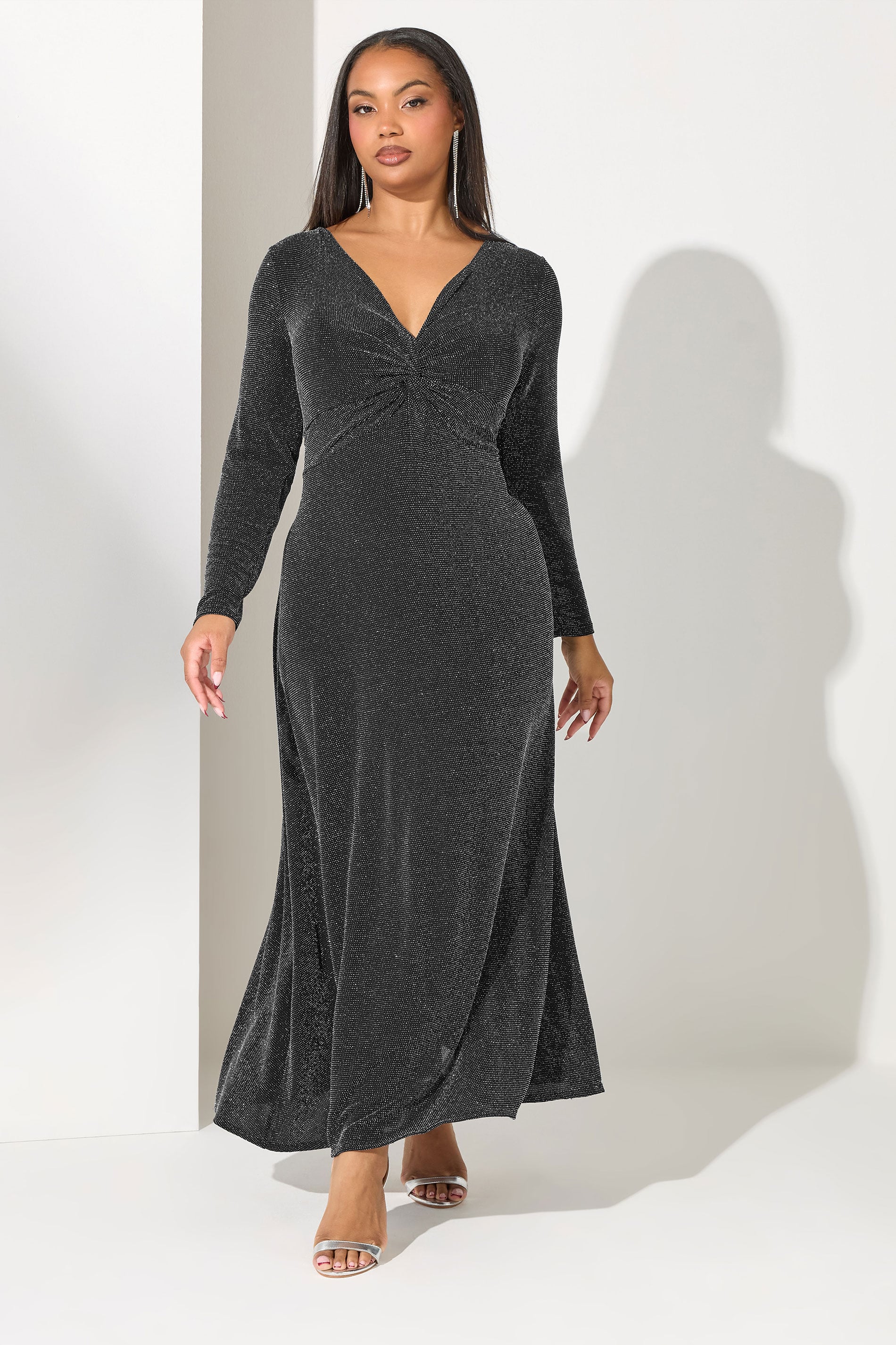 YOURS LONDON Plus Size Black Metallic Knot Front Dress | Yours Clothing 1