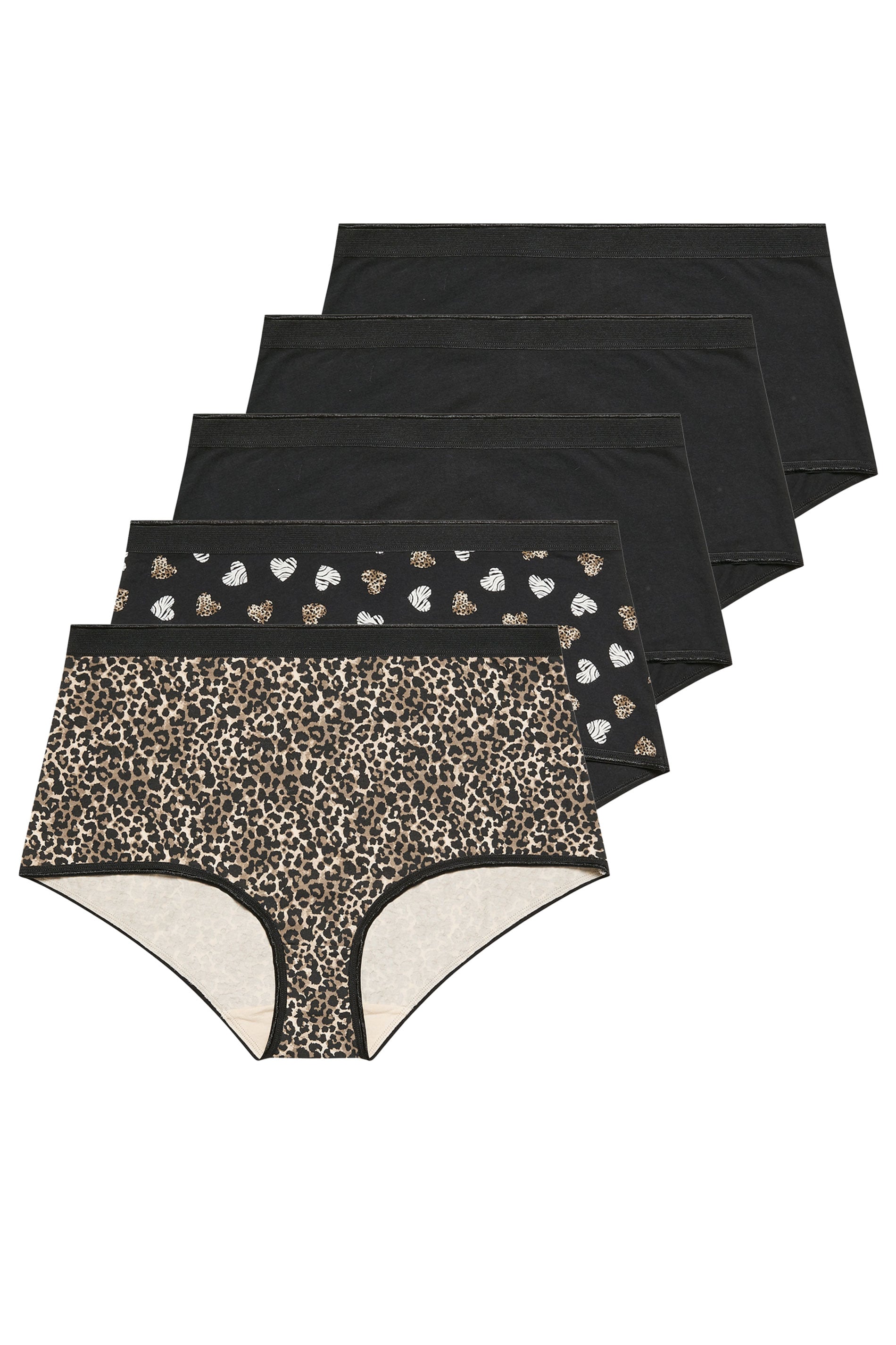 YOURSET 5 PACK Plus Size Black Animal Heart High Waisted Full Briefs | Yours Clothing 3