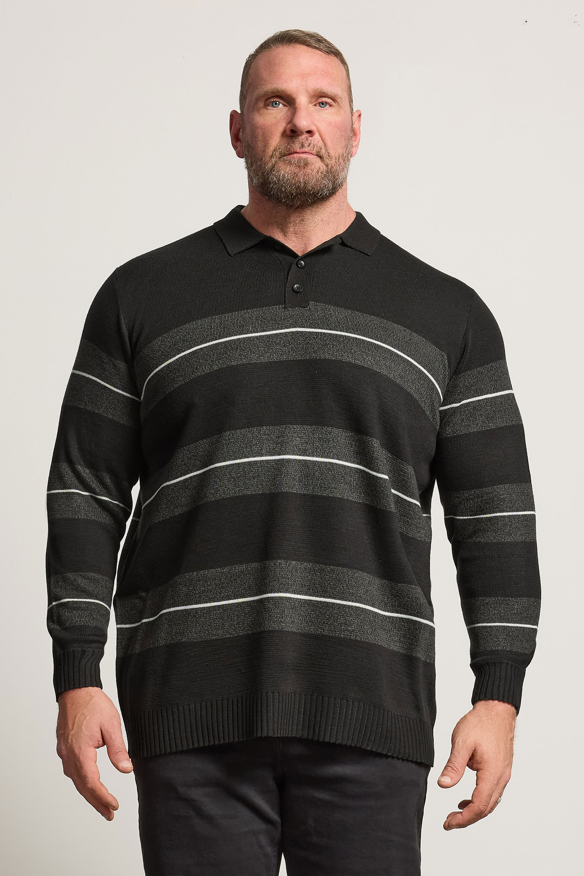 BadRhino Big & Tall Black Stripe Collared Knitted Polo | BadRhino 1