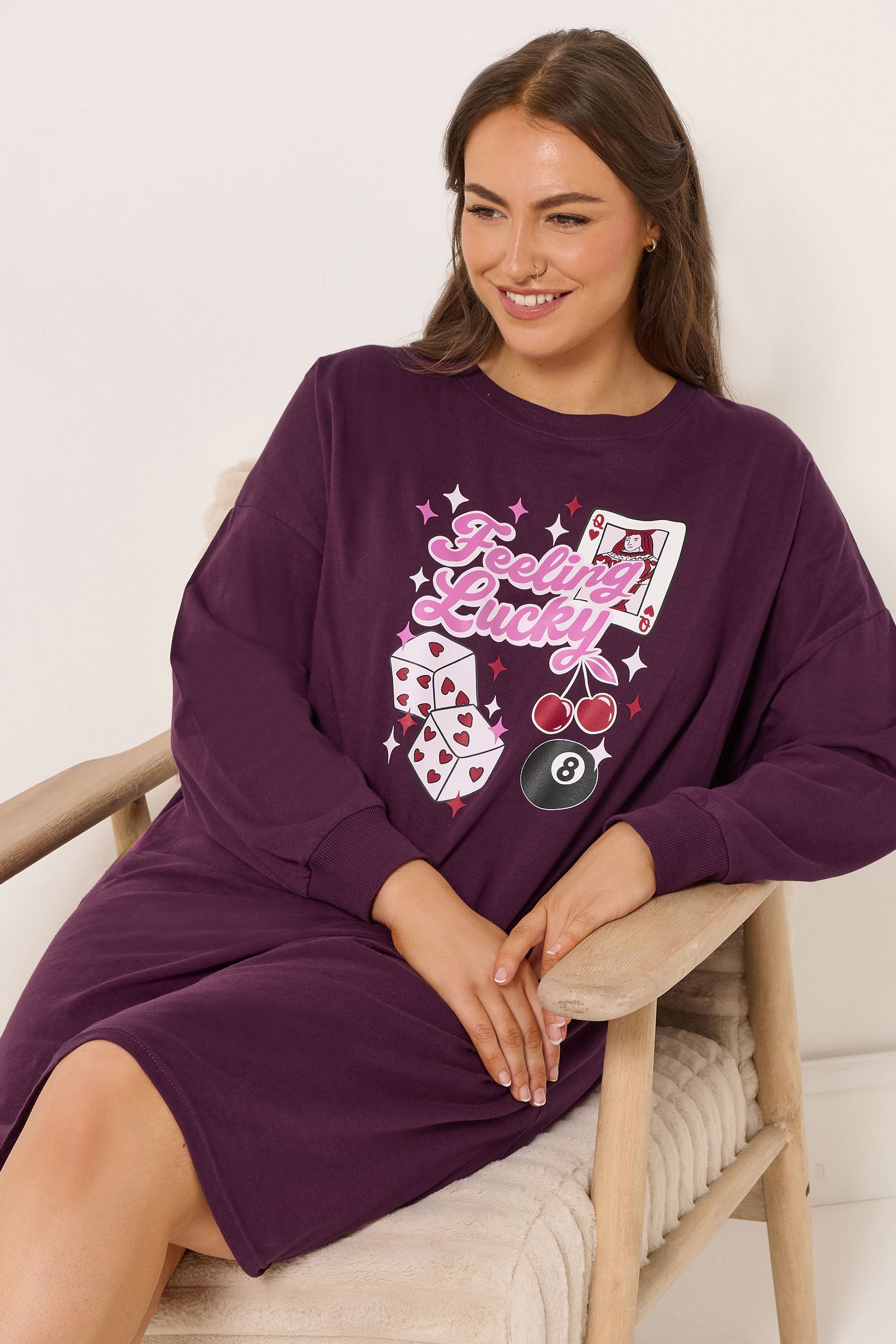 YOURS Plus Size Burgundy Red 'Feeling lucky' Long Sleeve Nightdress | Yours Clothing 3