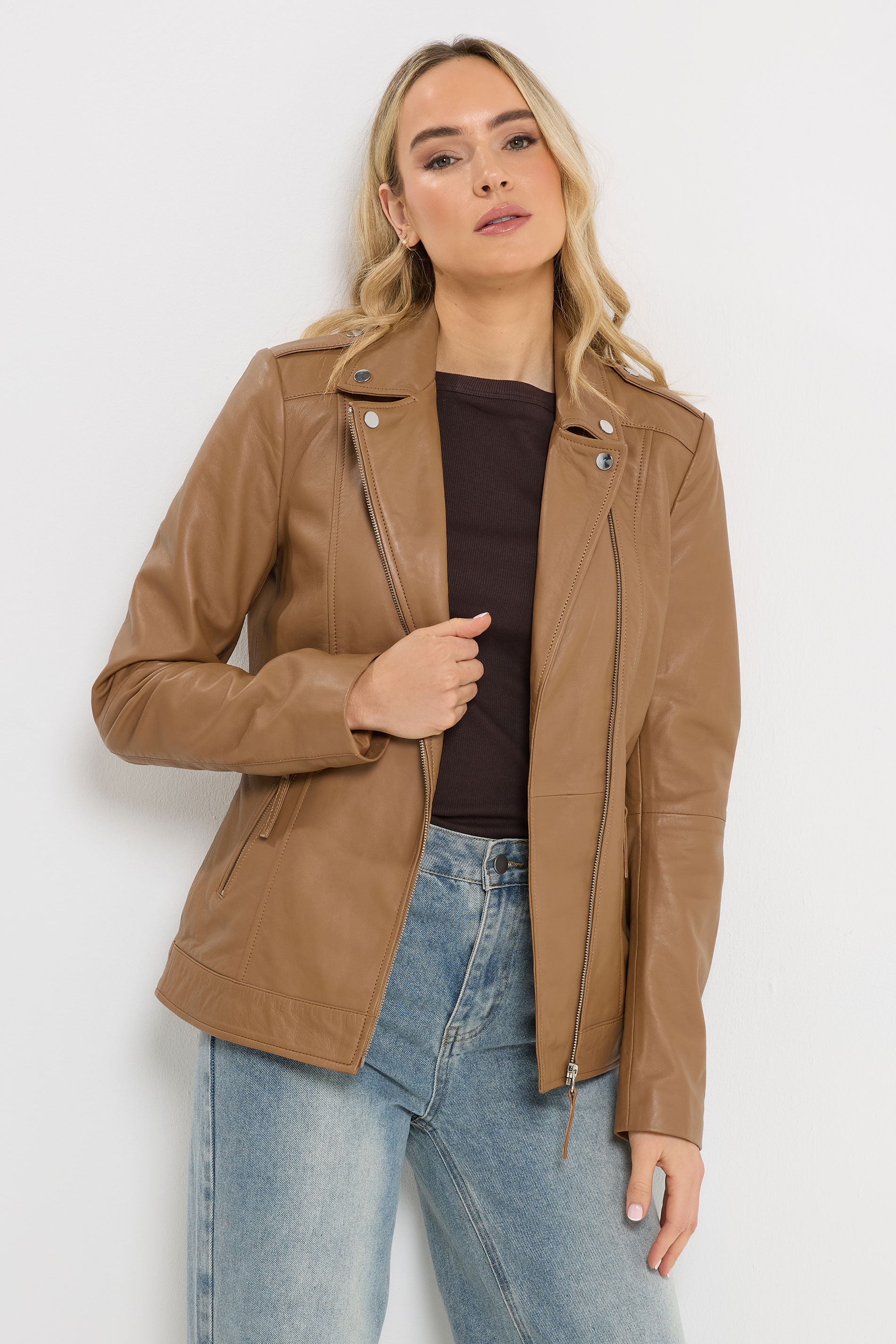 LTS PREMIUM Tall Women's Camel Brown Leather Biker Jacket | Long Tall Sally 1