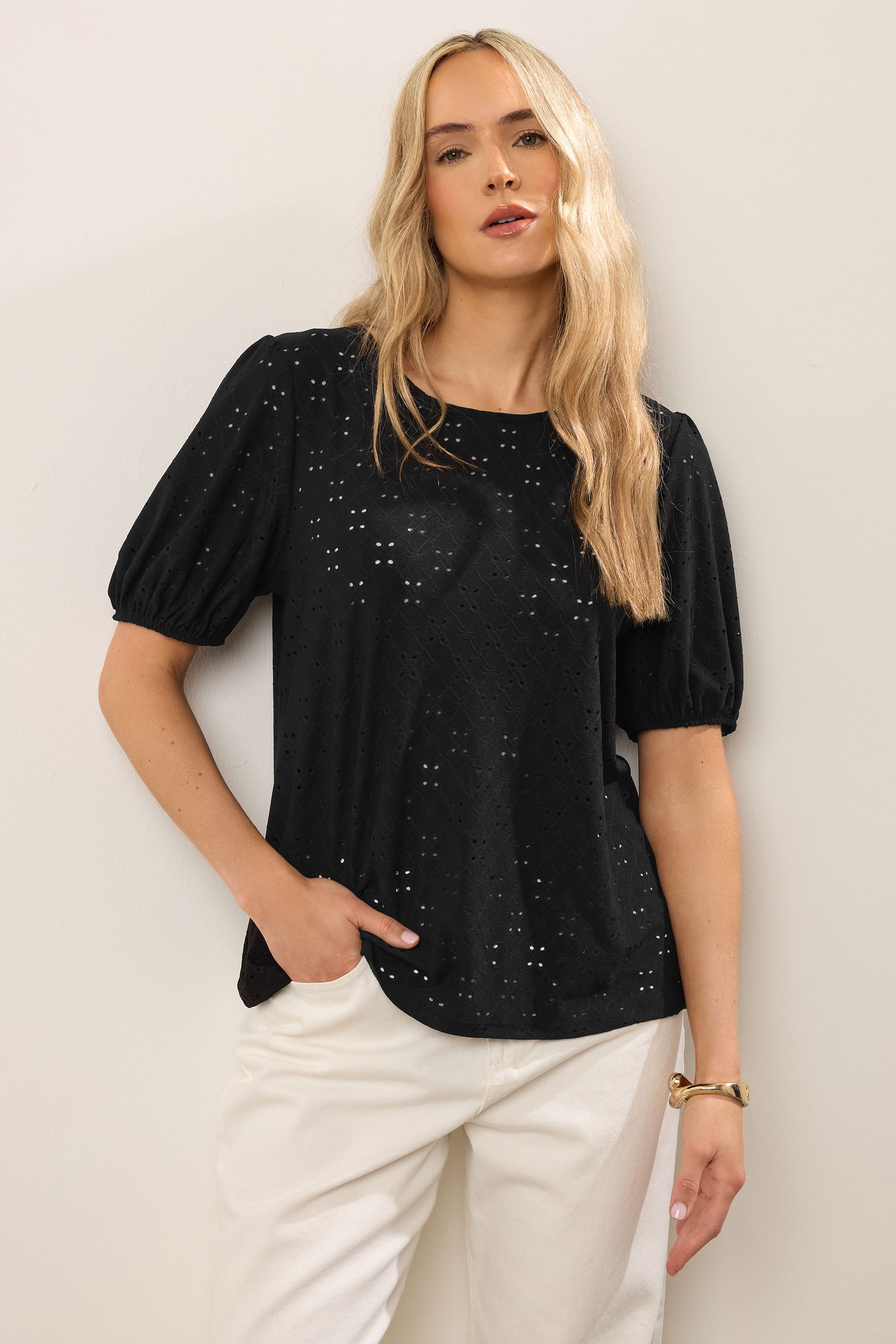 LTS Tall Black Broderie Puff Sleeve Top | Long Tall Sally 3