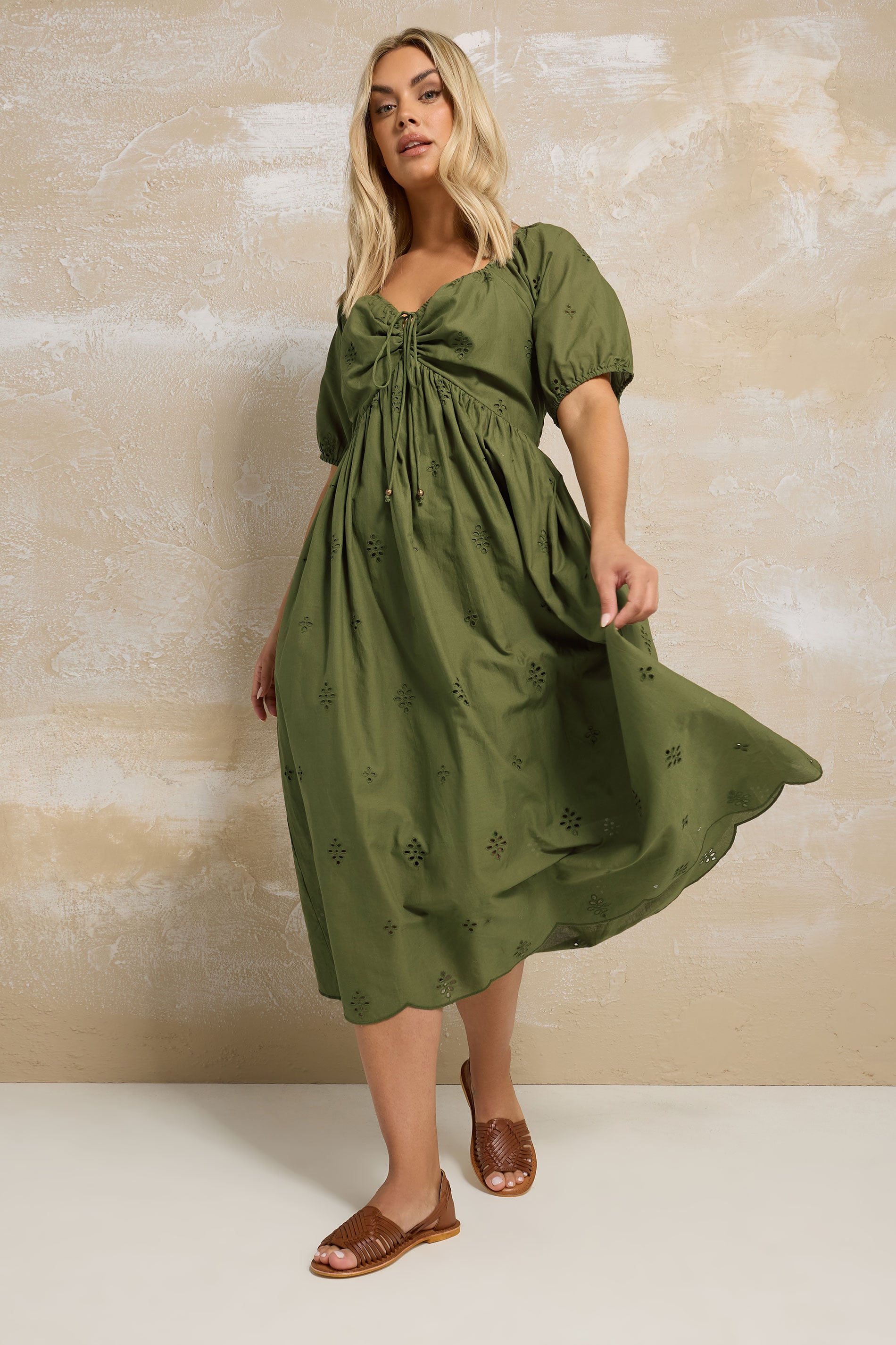 YOURS Plus Size Khaki Green Broderie Anglaise Dress | Yours Clothing 4