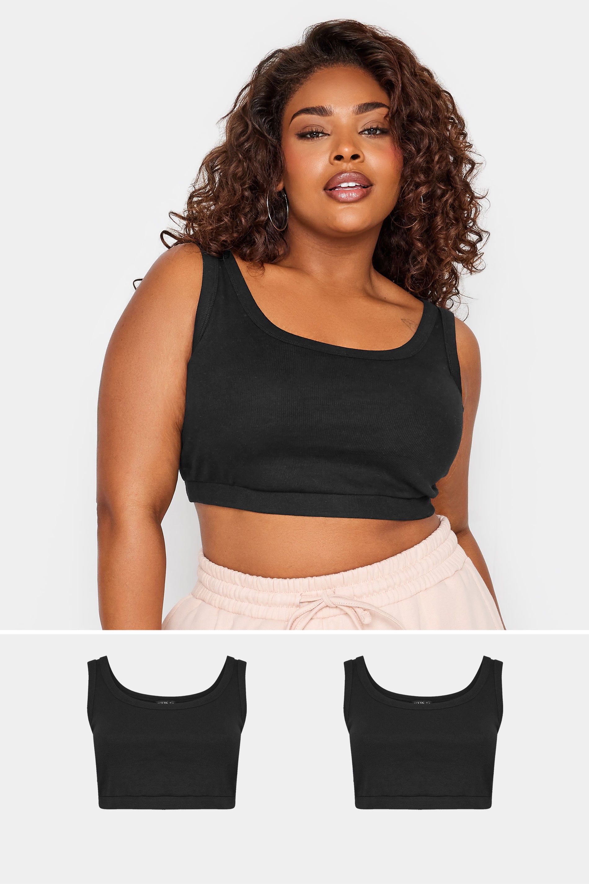 YOURSET Plus Size 2 PACK Black Ribbed Crop Tops | Yours Clothing 1