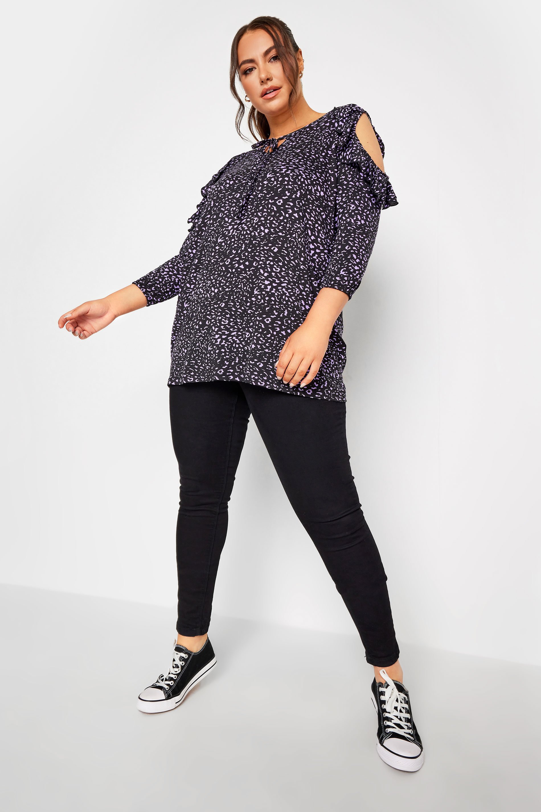 YOURS Plus Size Black Leopard Print Cold Shoulder Top | Yours Clothing 2