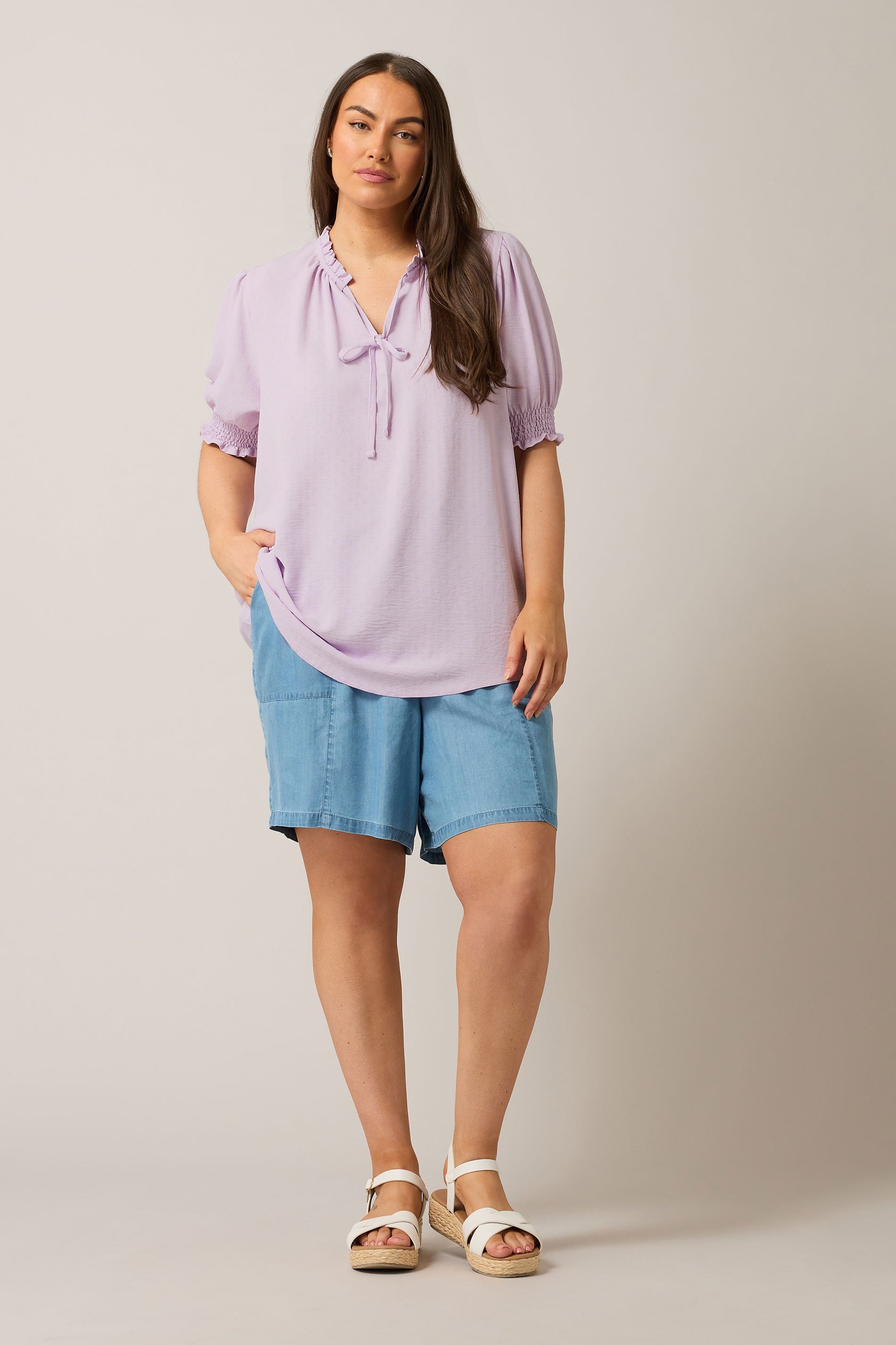 EVANS Plus Size Lilac Purple Frilled Tie Neck Blouse | Evans 1