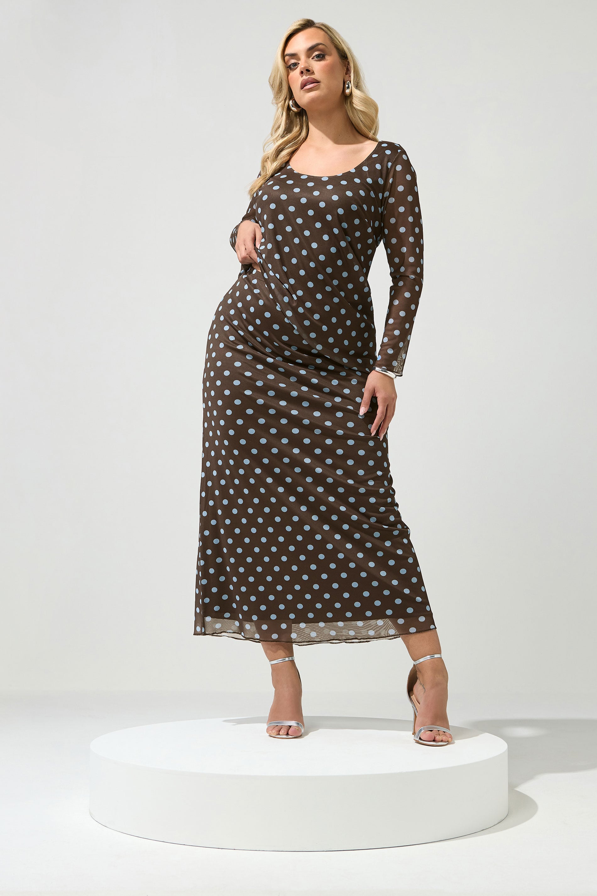 YOURS LONDON Plus Size Brown & Blue Polka Dot Maxi Skirt | Yours Clothing 2