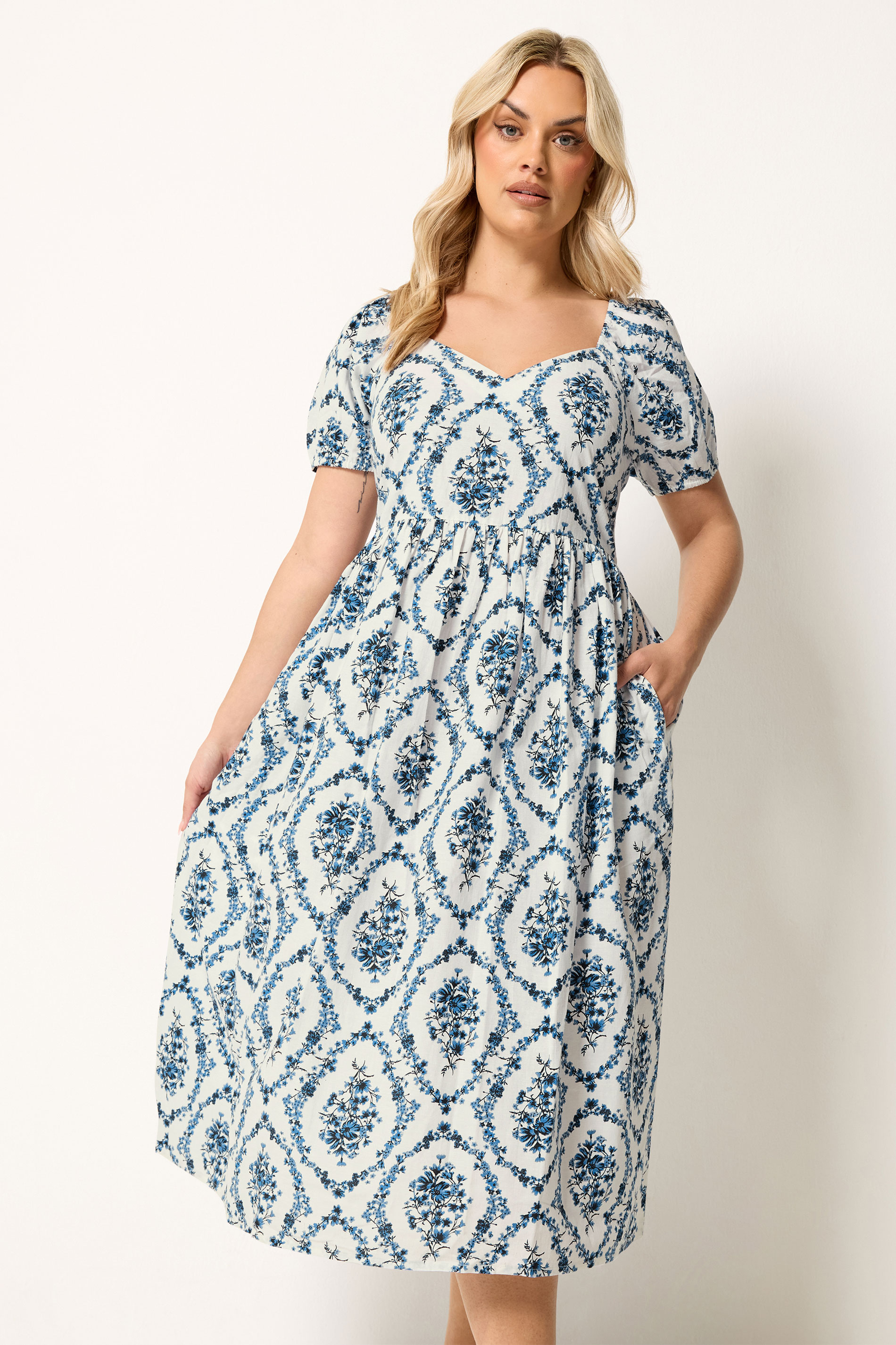 YOURS Plus Size White & Blue Floral Linen Midaxi Dress | Yours Clothing 3