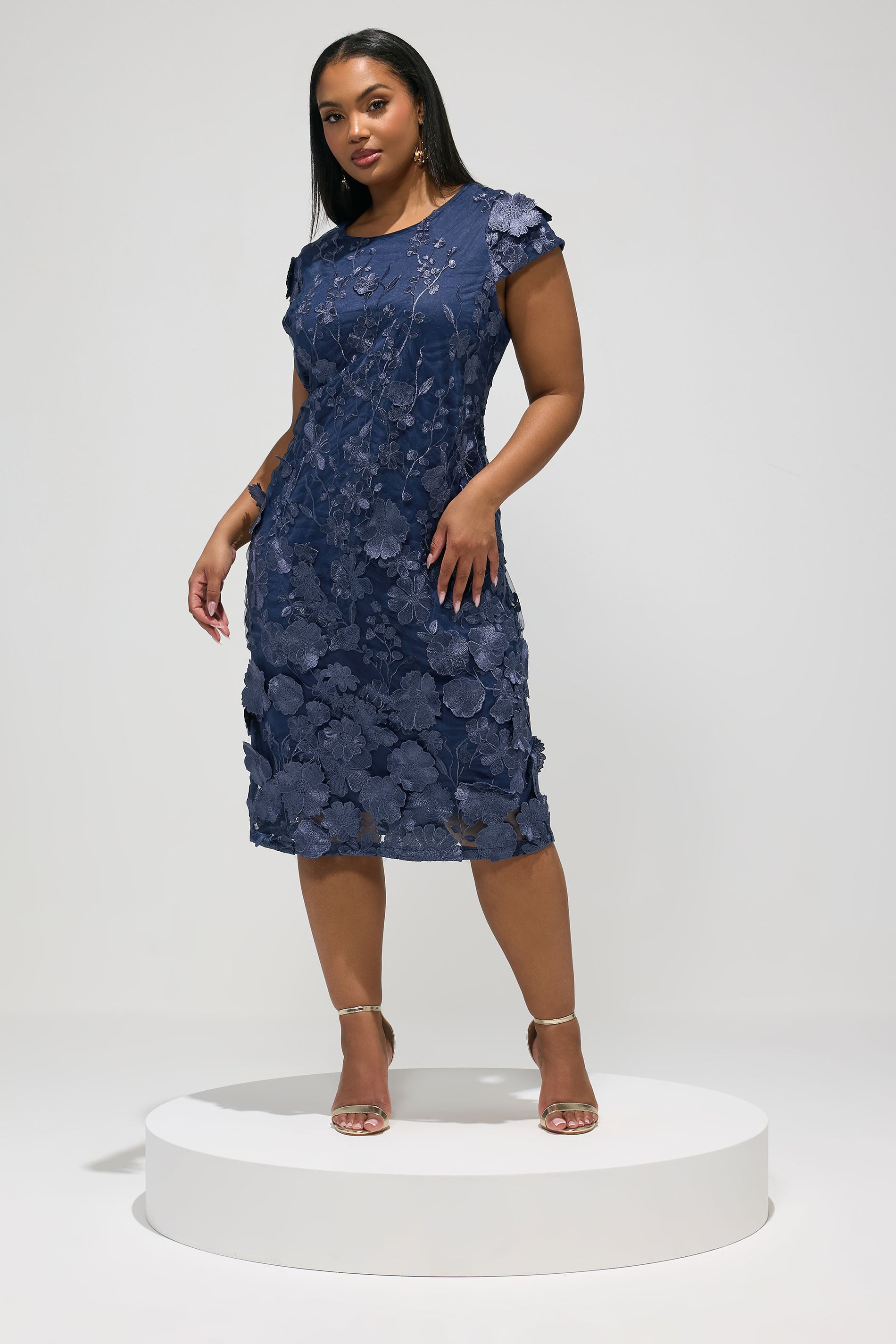 YOURS LONDON Plus Size Navy Blue Floral 3D Embroidered Shift Dress | Yours Clothing 2
