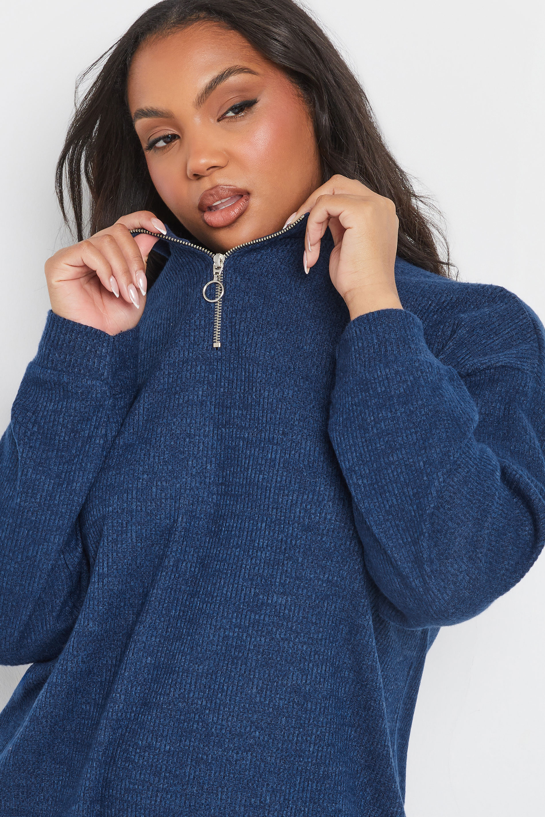 YOURS Plus Size Blue Zip Neck Ribbed Jumper Dress | Yours Clothing 4