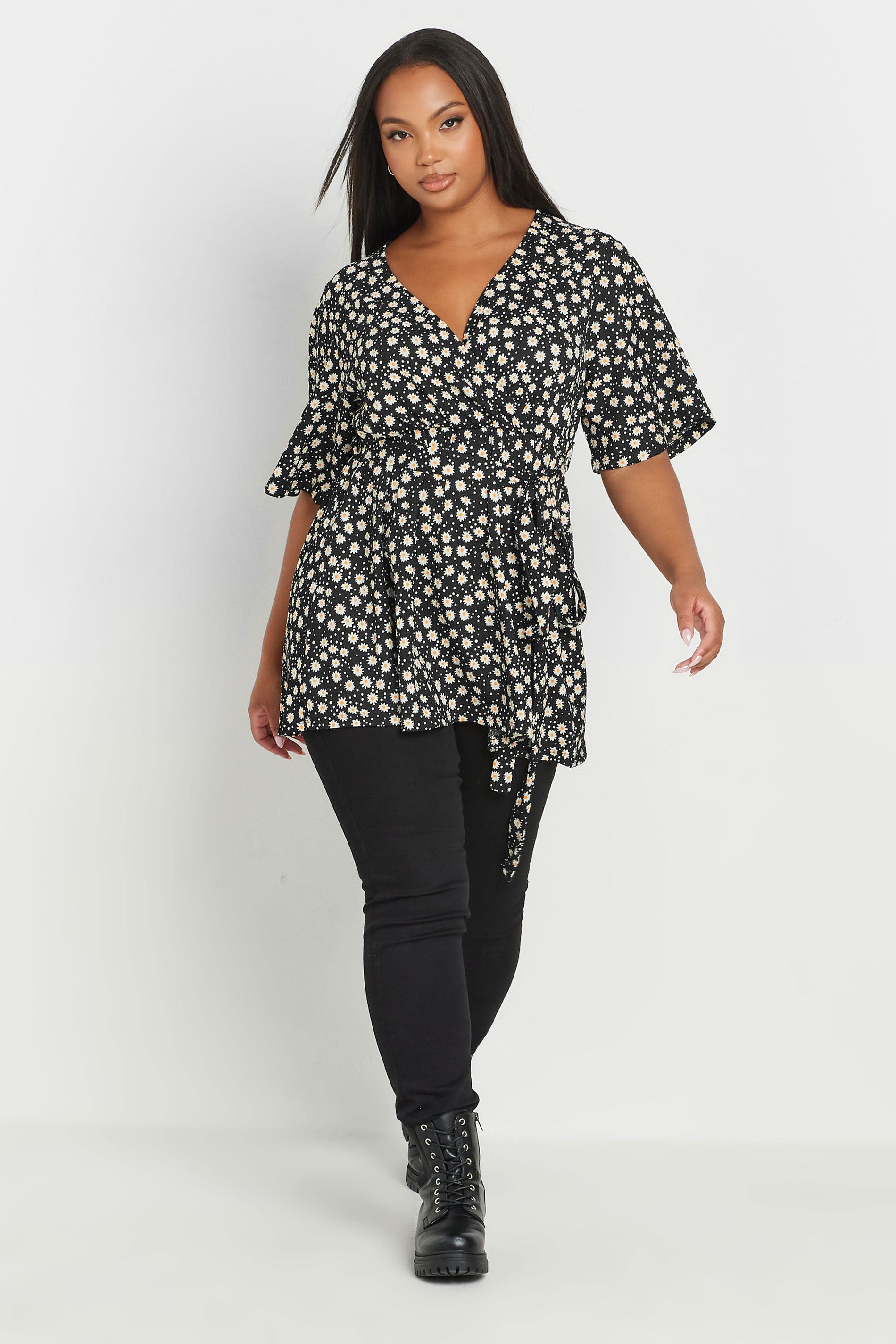 YOURS Plus Size Black Textured Floral Print Wrap Top | Yours Clothing 4