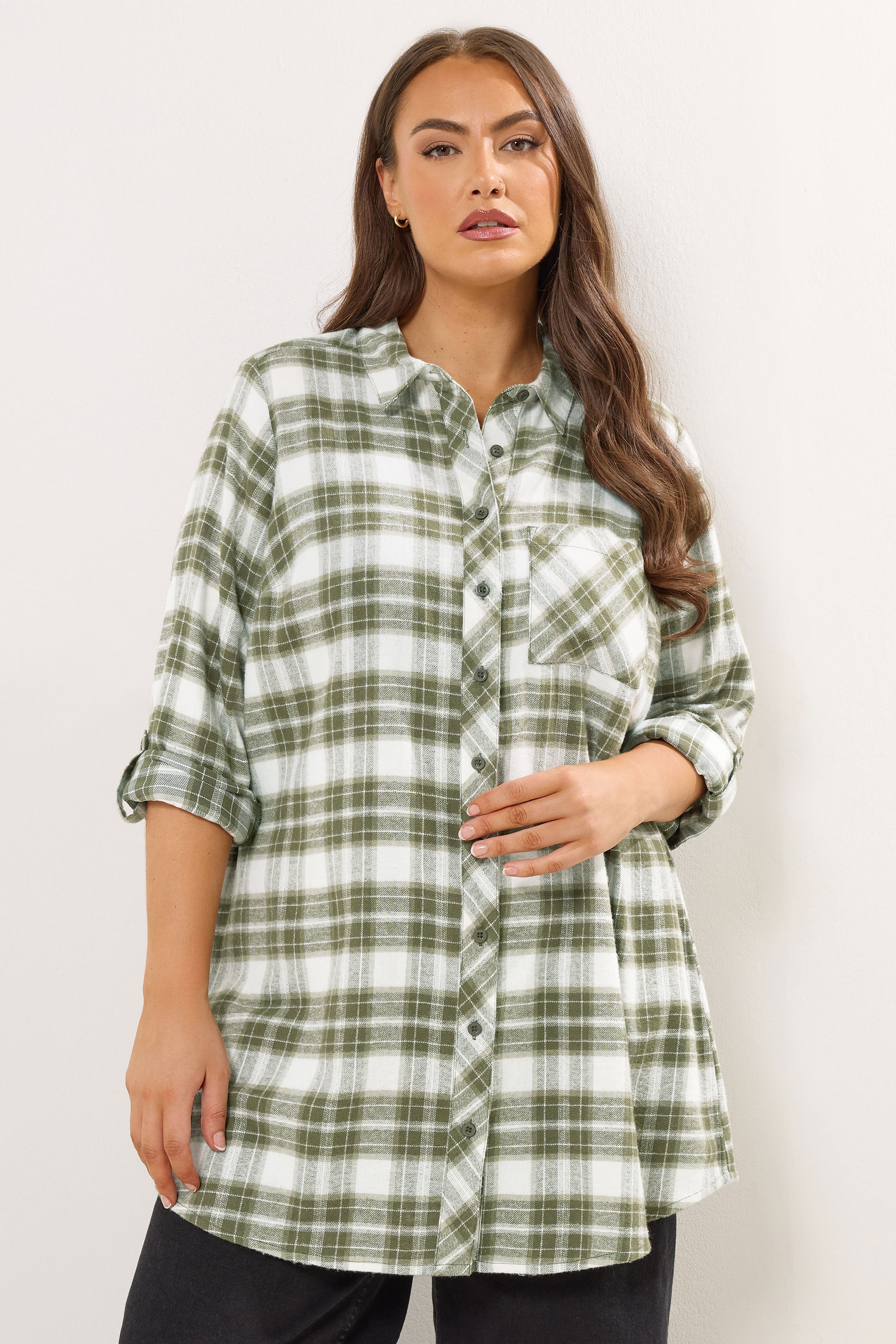 YOURS Plus Size Khaki Green Check Boyfriend Shirt | Yours Clothing 3
