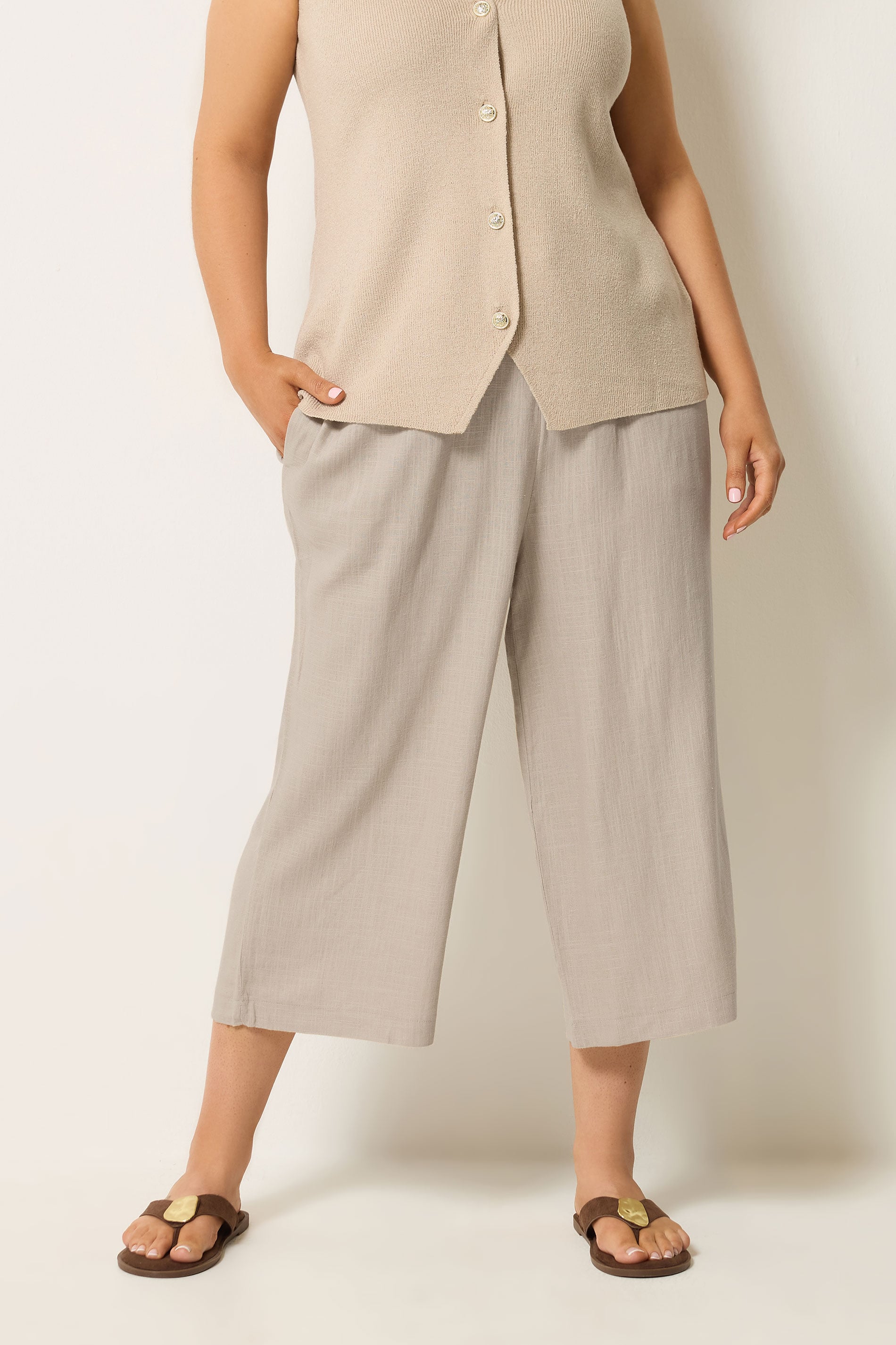 YOURS Plus Size Natural Brown Cropped Wide Leg Linen Trousers | Yours Clothing 1