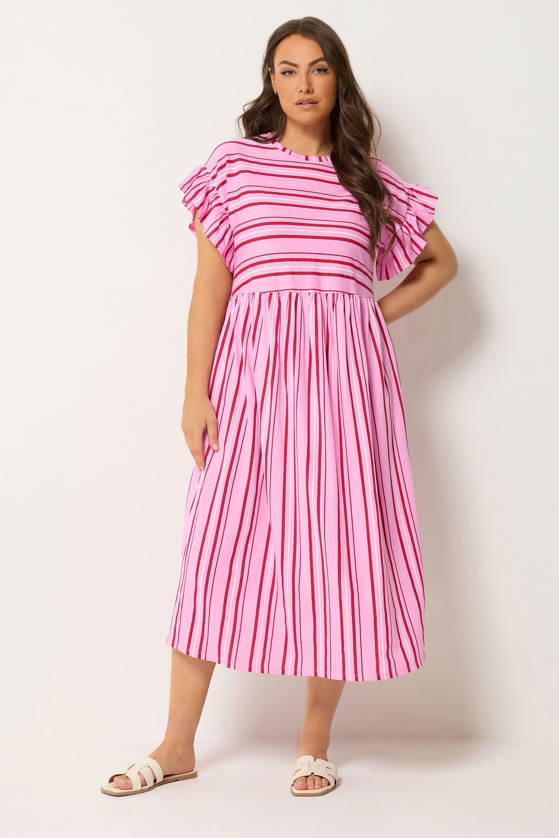 YOURS Plus Size Pink Stripe Frill Sleeve Dress | Yours Clothing 3