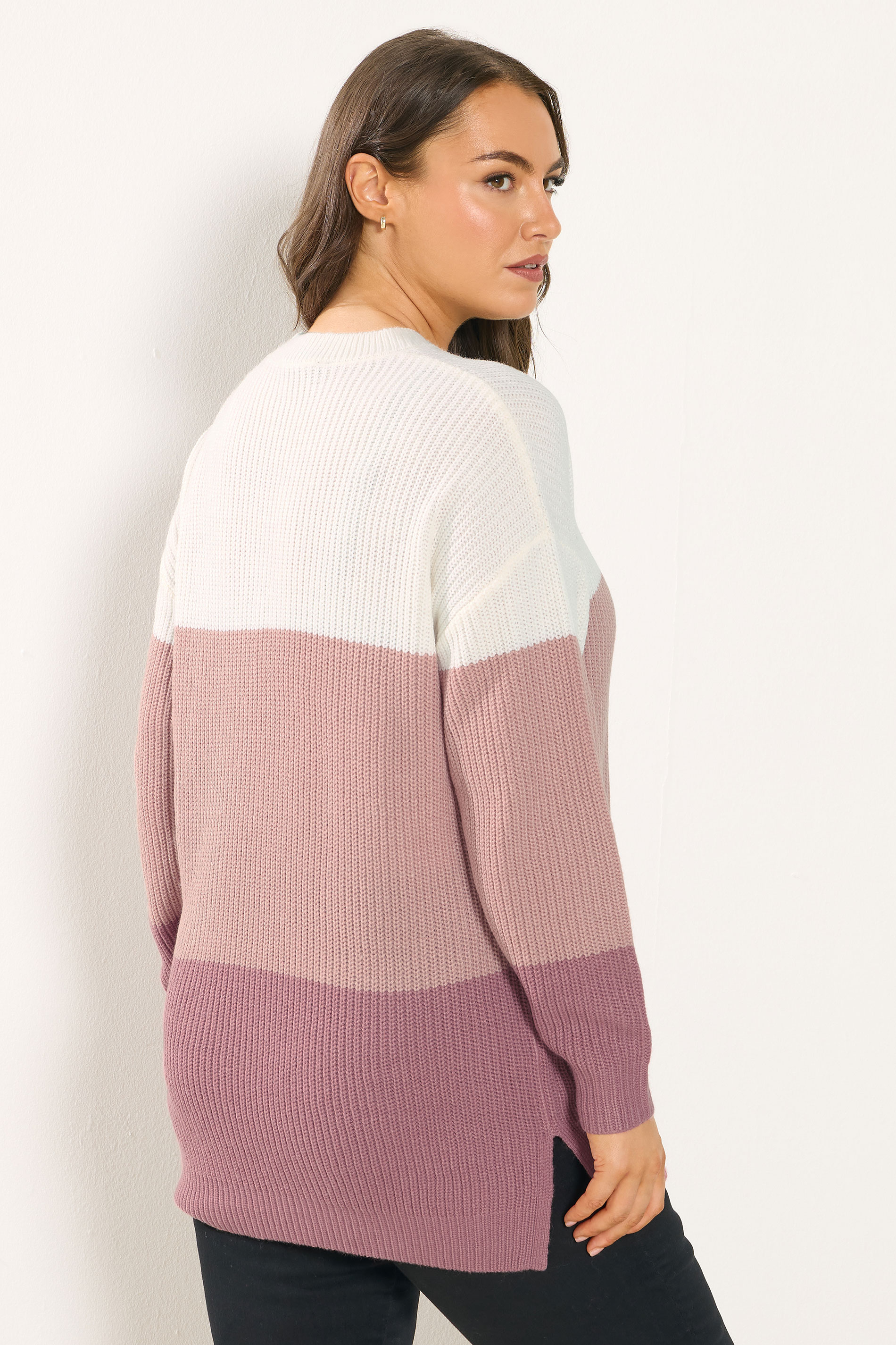 YOURS Plus Size Pink & Cream Colourblock Stripe Jumper | Yours Clothing 2