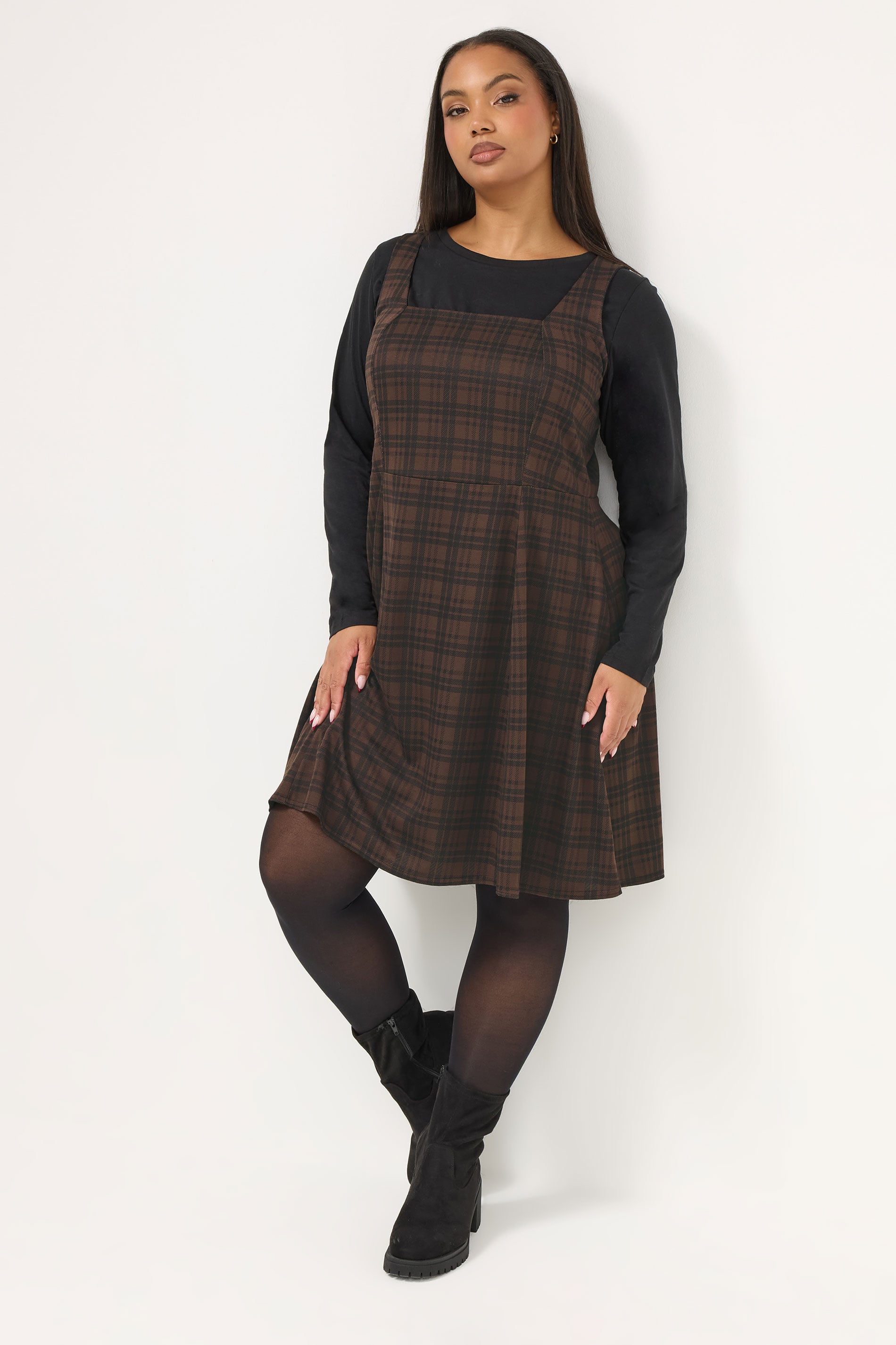 YOURS Plus Size Chocolate Brown Check Pinafore Dress | Yours Clothing 3
