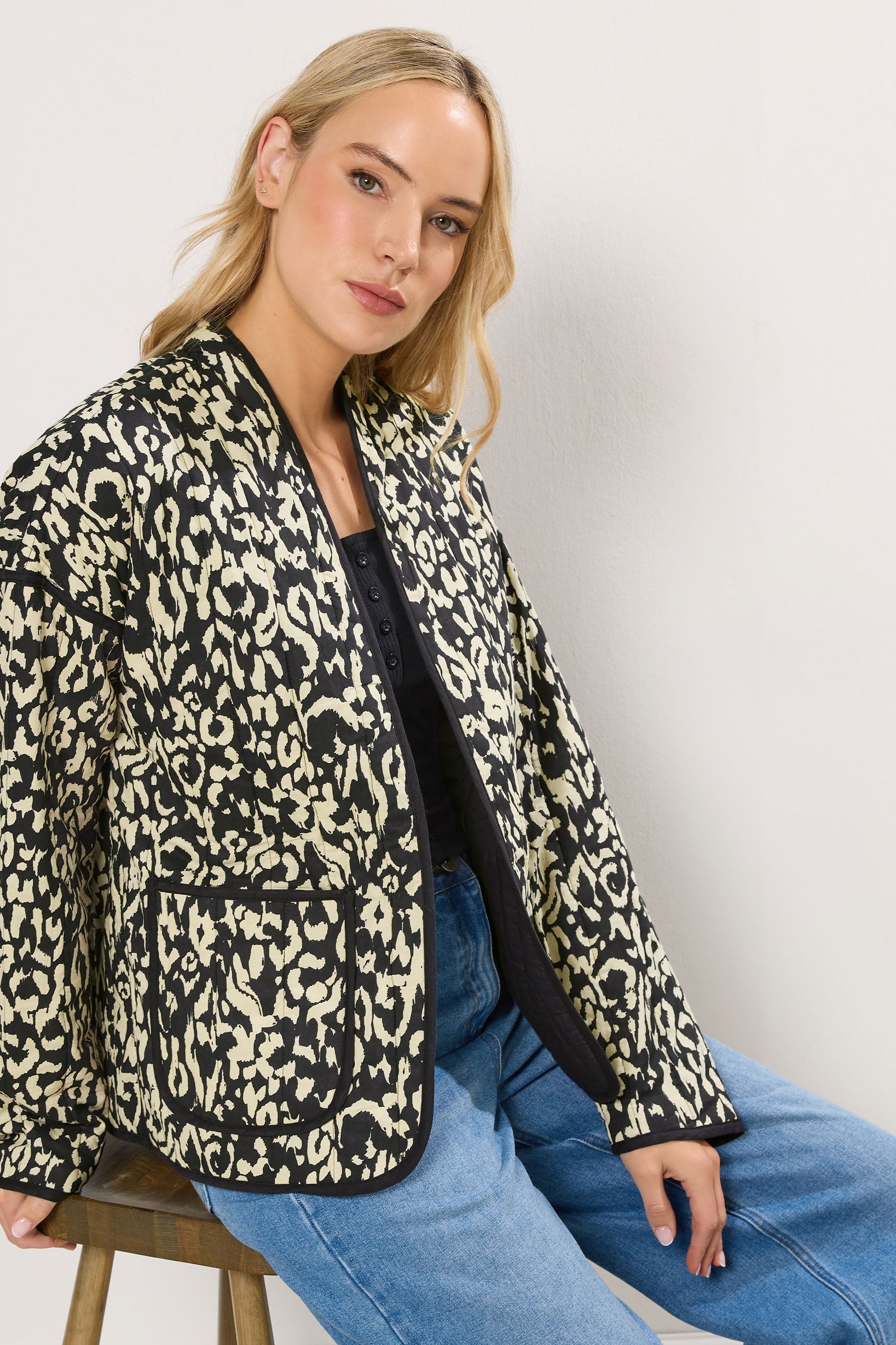 LTS Tall Black Abstract Cotton Quilted Jacket | Long Tall Sally 3