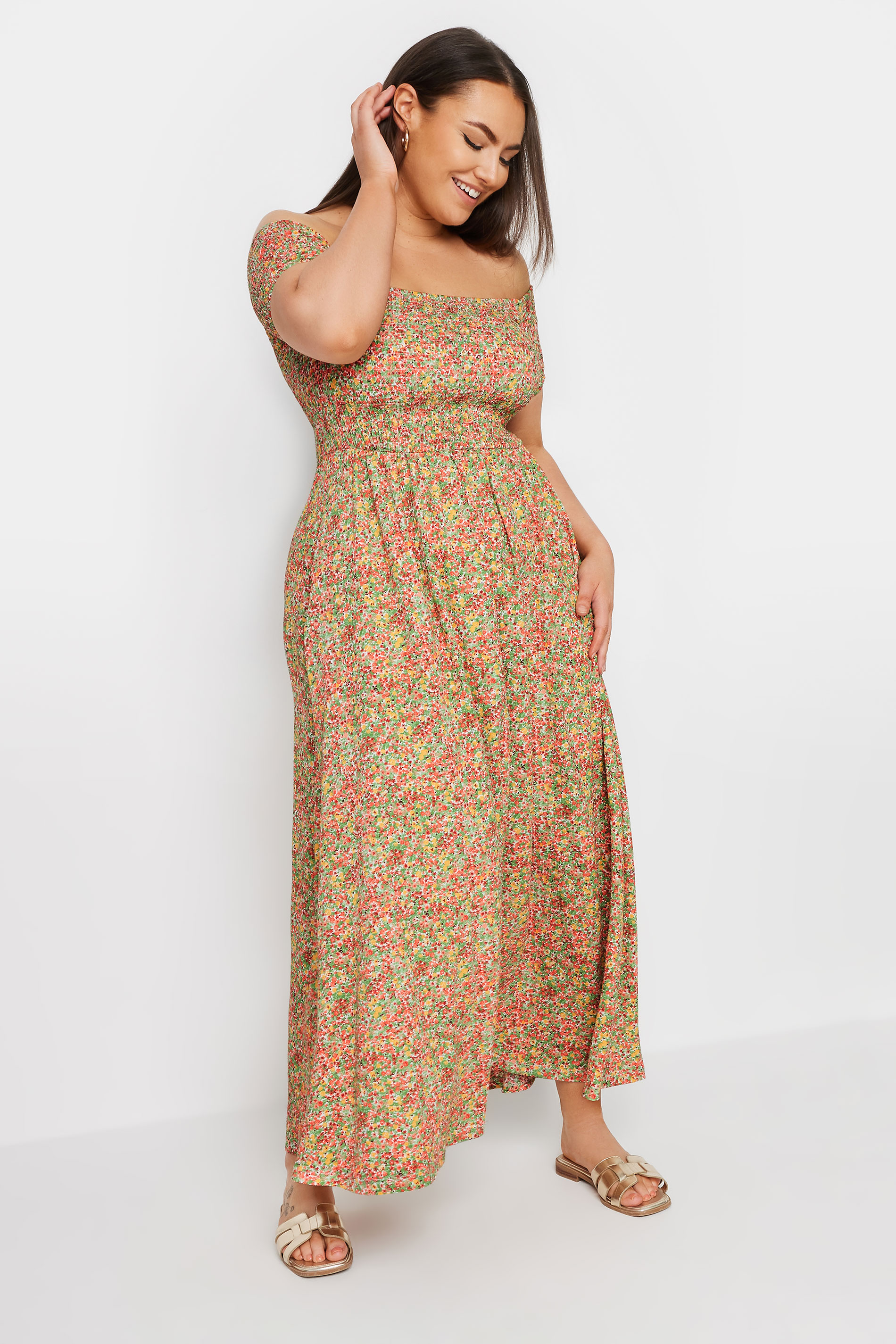 YOURS Plus Size Pink Ditsy Floral Shirred Midaxi Dress | Yours Clothing 2