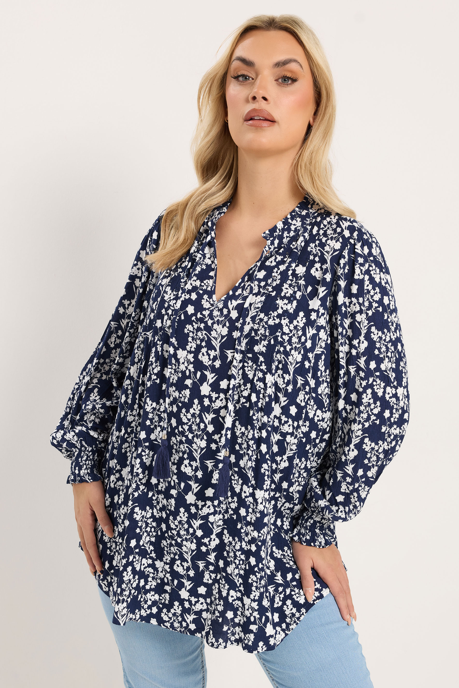 Yours Plus Size Blue Floral Sequin Embellished Tie Neck Blouse 2