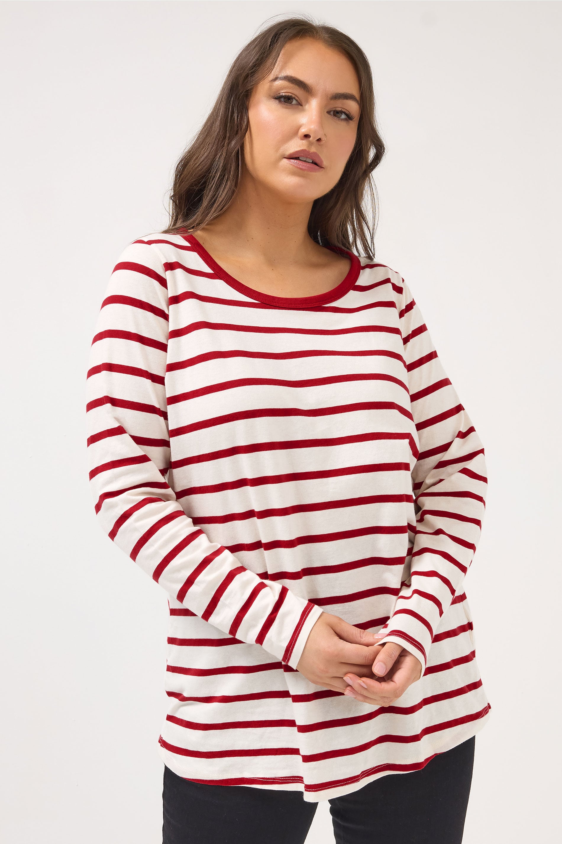 YOURS Plus Size Red Stripe Long Sleeve Ringer Top | Yours Clothing 3