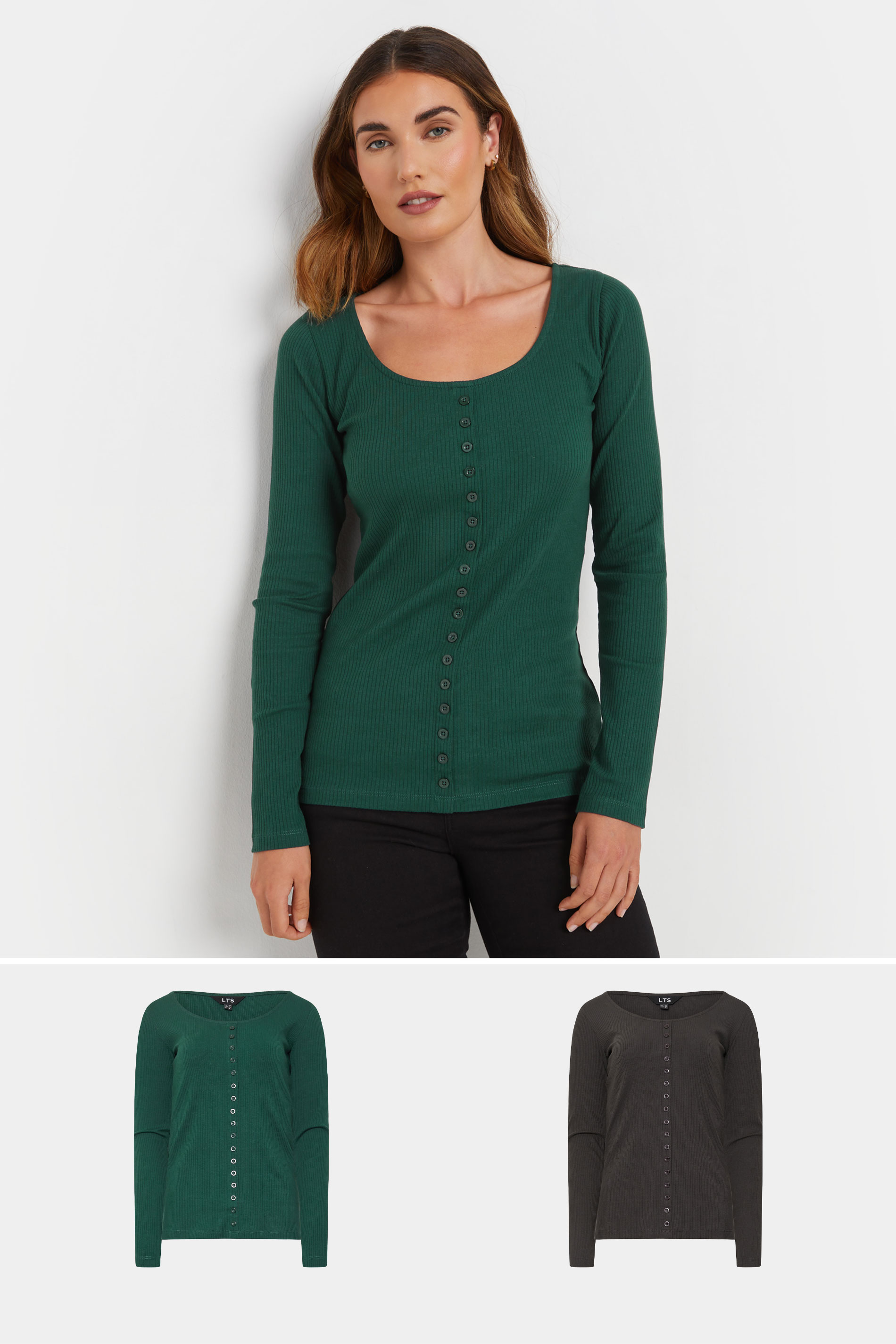 LTS Tall 2 PACK Emerald Green & Grey Ribbed Button Tops | Long Tall Sally 3