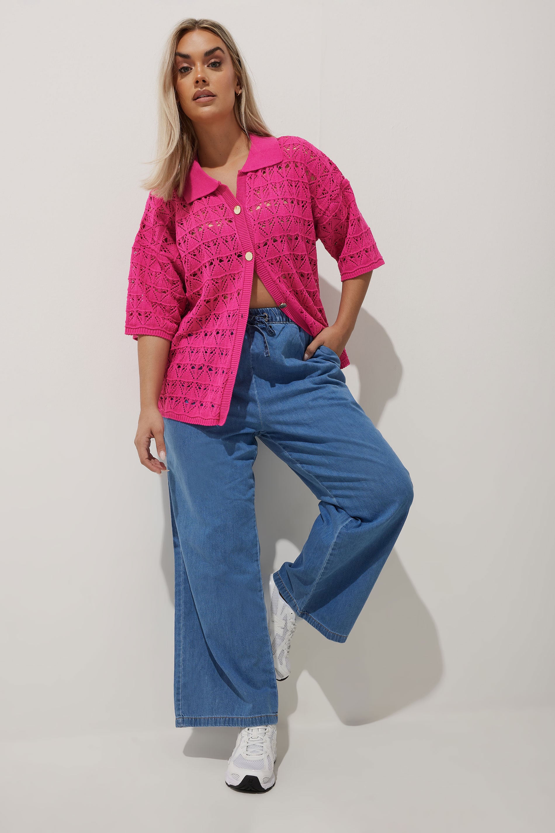 LIMITED COLLECTION Plus Size Pink Crochet Shirt | Yours Clothing 1