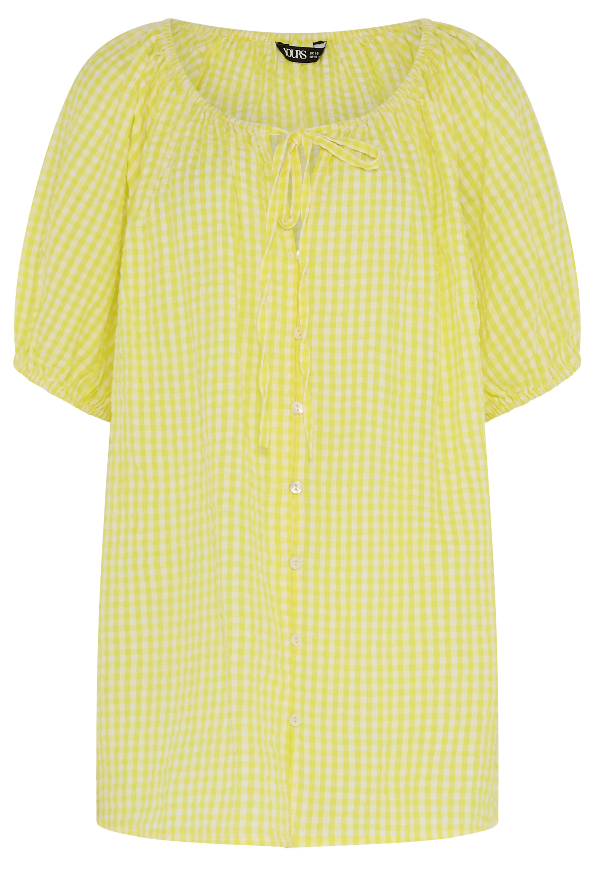 YOURS Plus Size Yellow Gingham Puff Sleeve Blouse | Yours Clothing 5