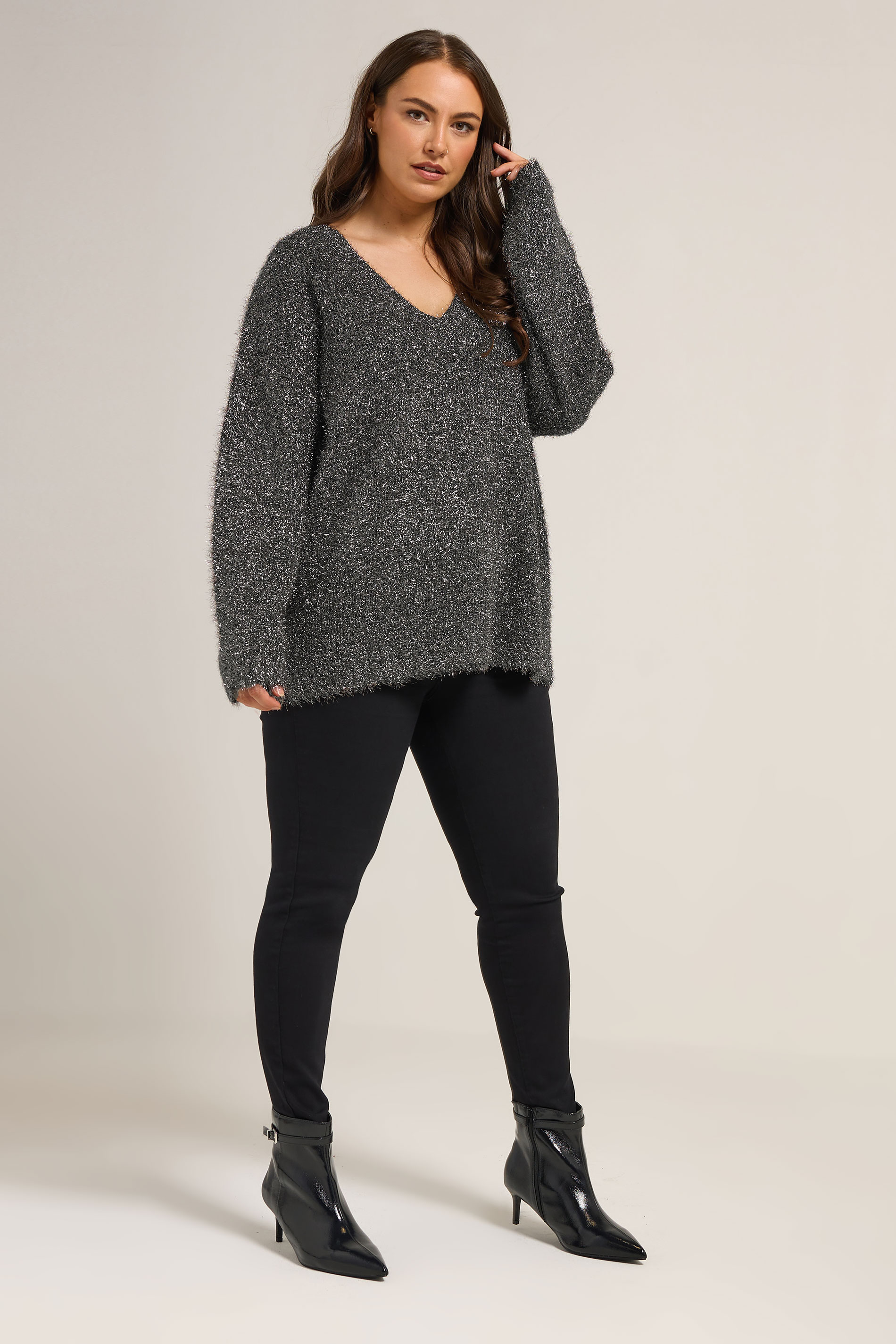 YOURS Plus Size Black Tinsel V-Neck Jumper | Yours Clothing 1