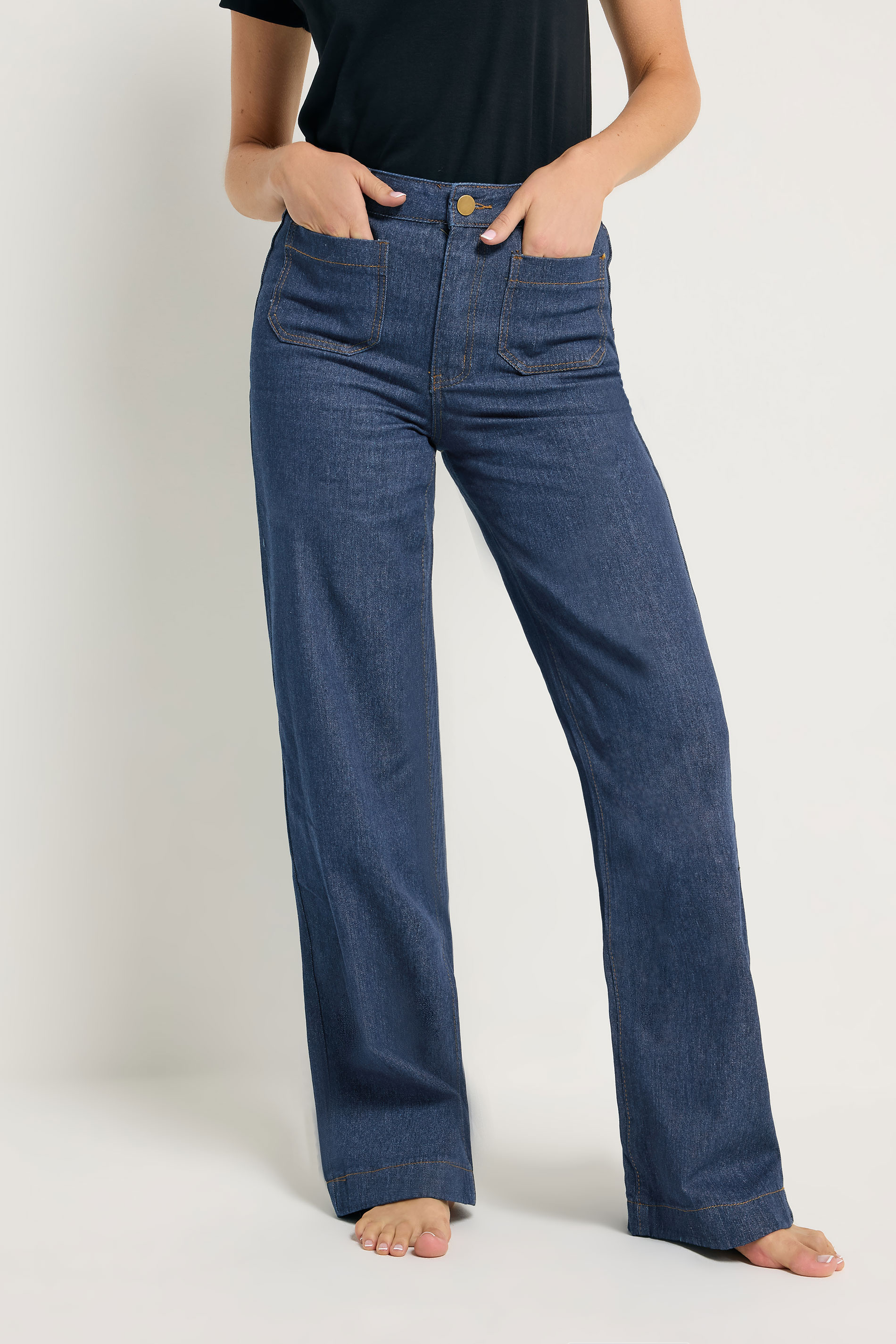 LTS Tall Womens Indigo Blue Pocket Detail Cotton Wide Leg Jeans | Long Tall Sally 2