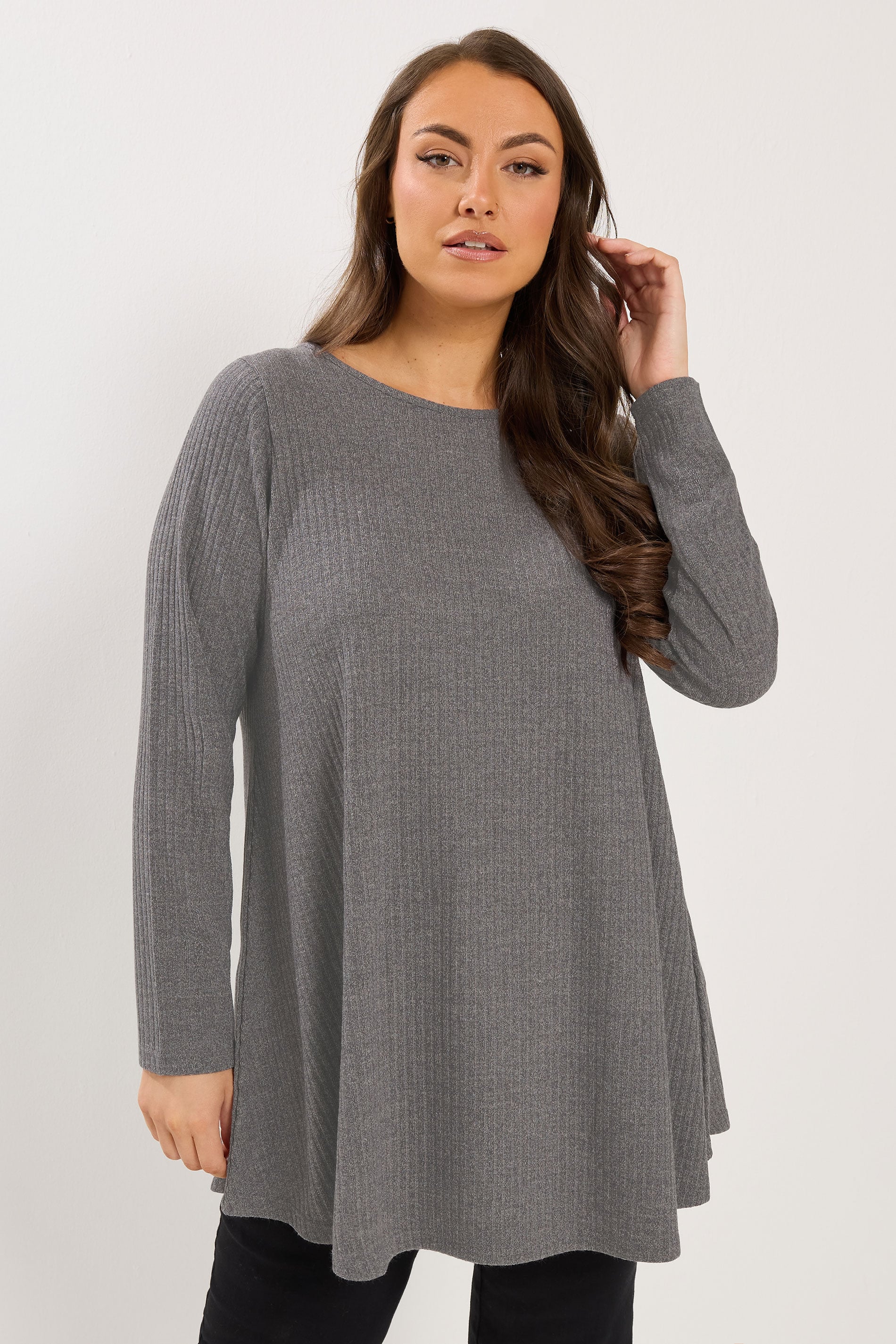 YOURS Plus Size Grey  Soft Touch Ribbed Long Sleeve Top | Yours Clothing 3