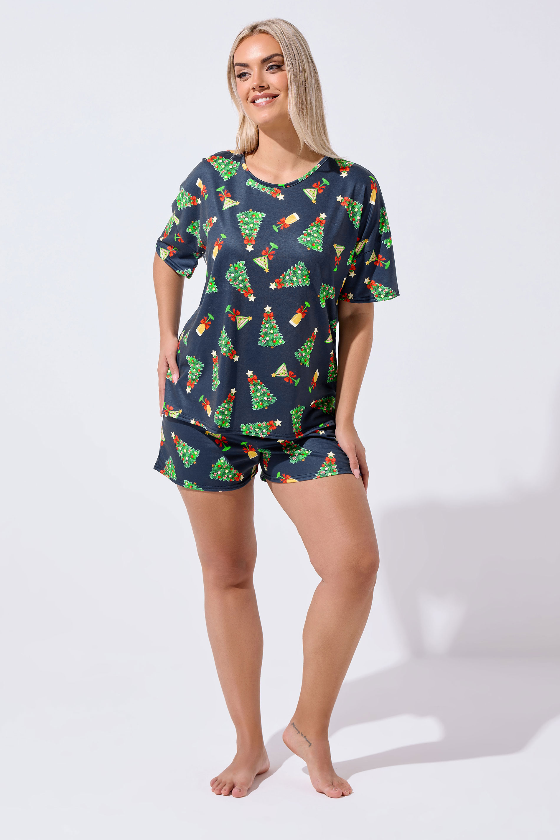 LIMITED COLLECTION Plus Size Navy Blue Christmas Tree Novelty Pyjama Set | Yours Clothing 1