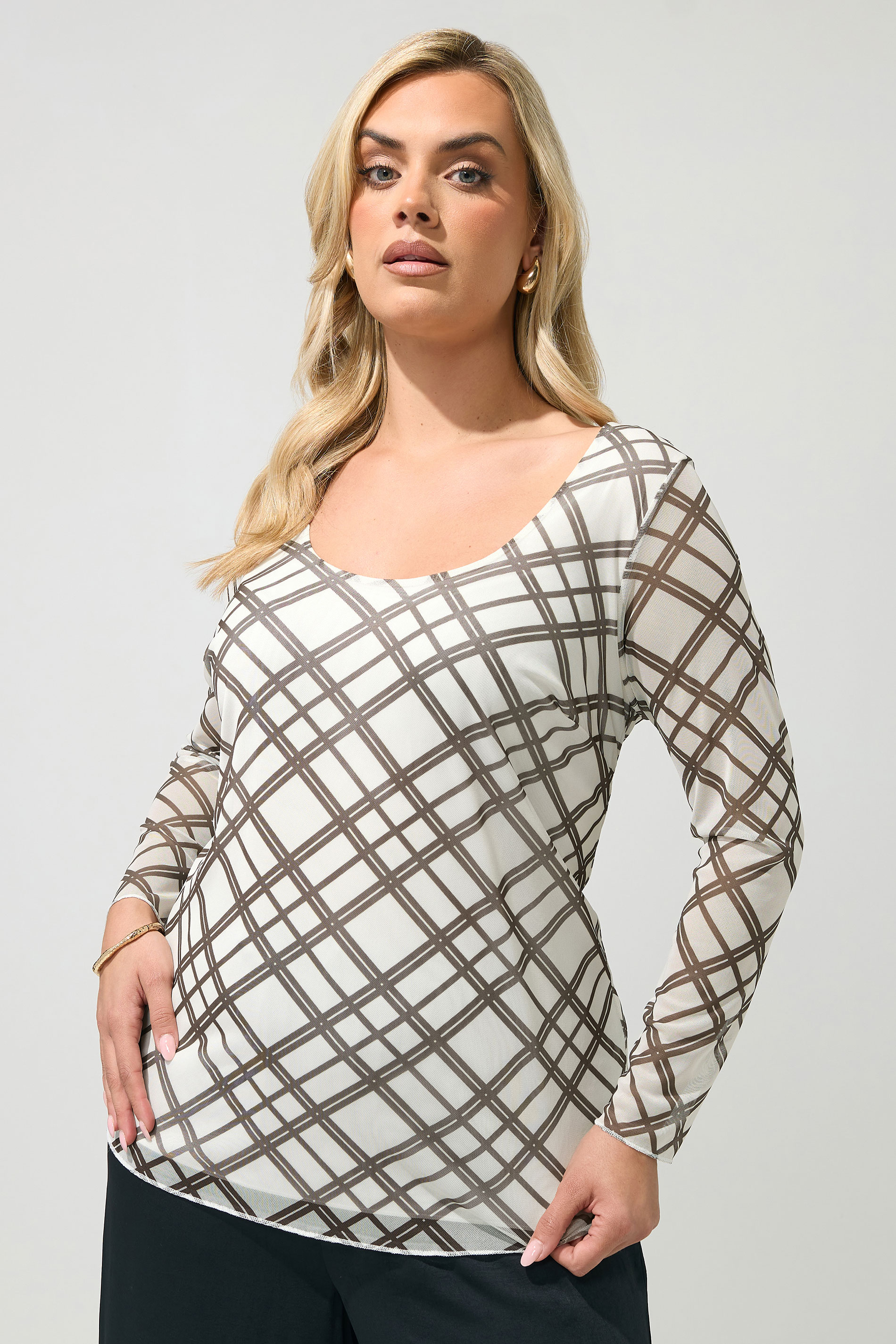 YOURS LONDON Plus Size Ivory White & Brown Check Top | Yours Clothing 1
