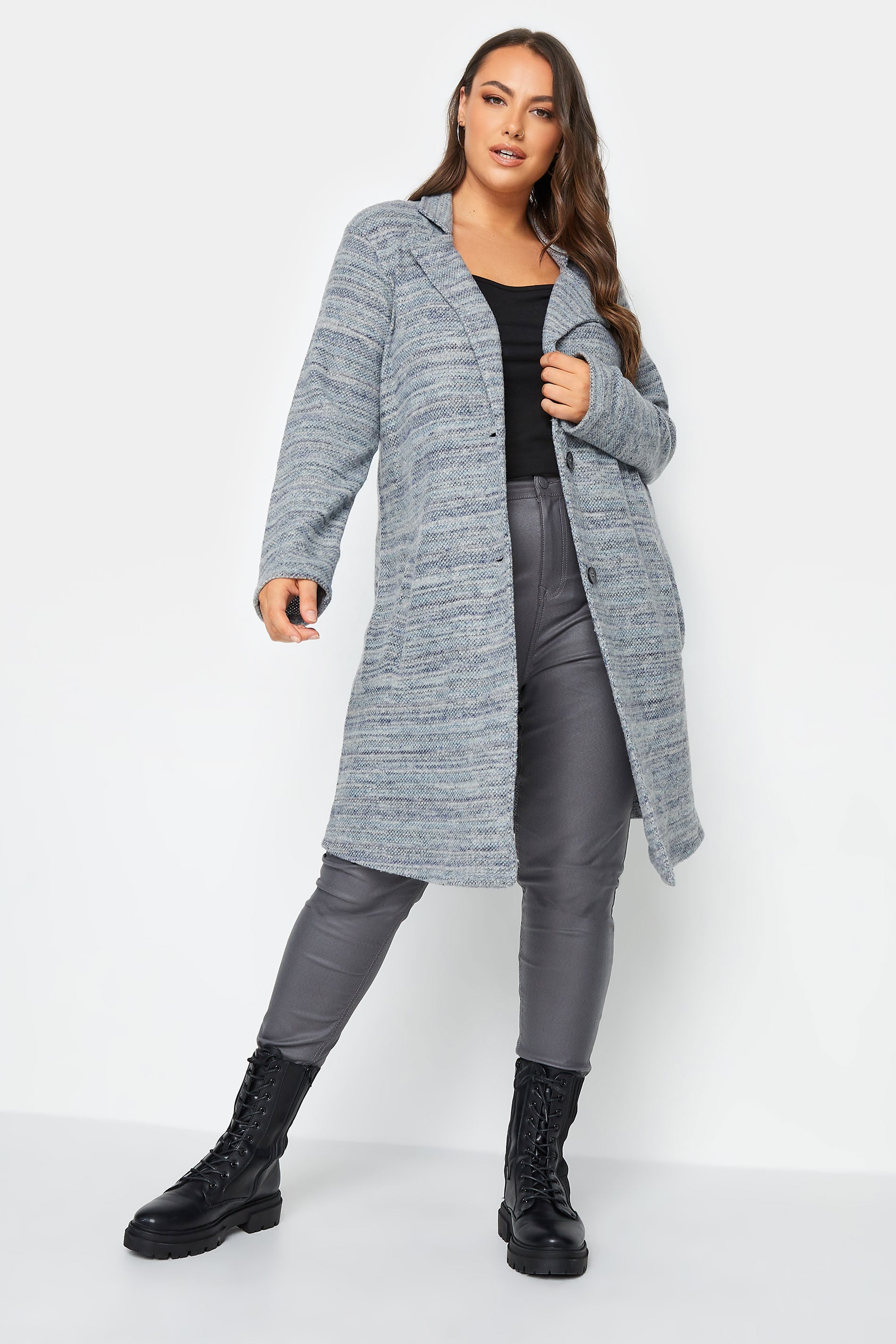 YOURS LUXURY Plus Size Blue Marl Button Front Midi Jacket | Yours Clothing 3