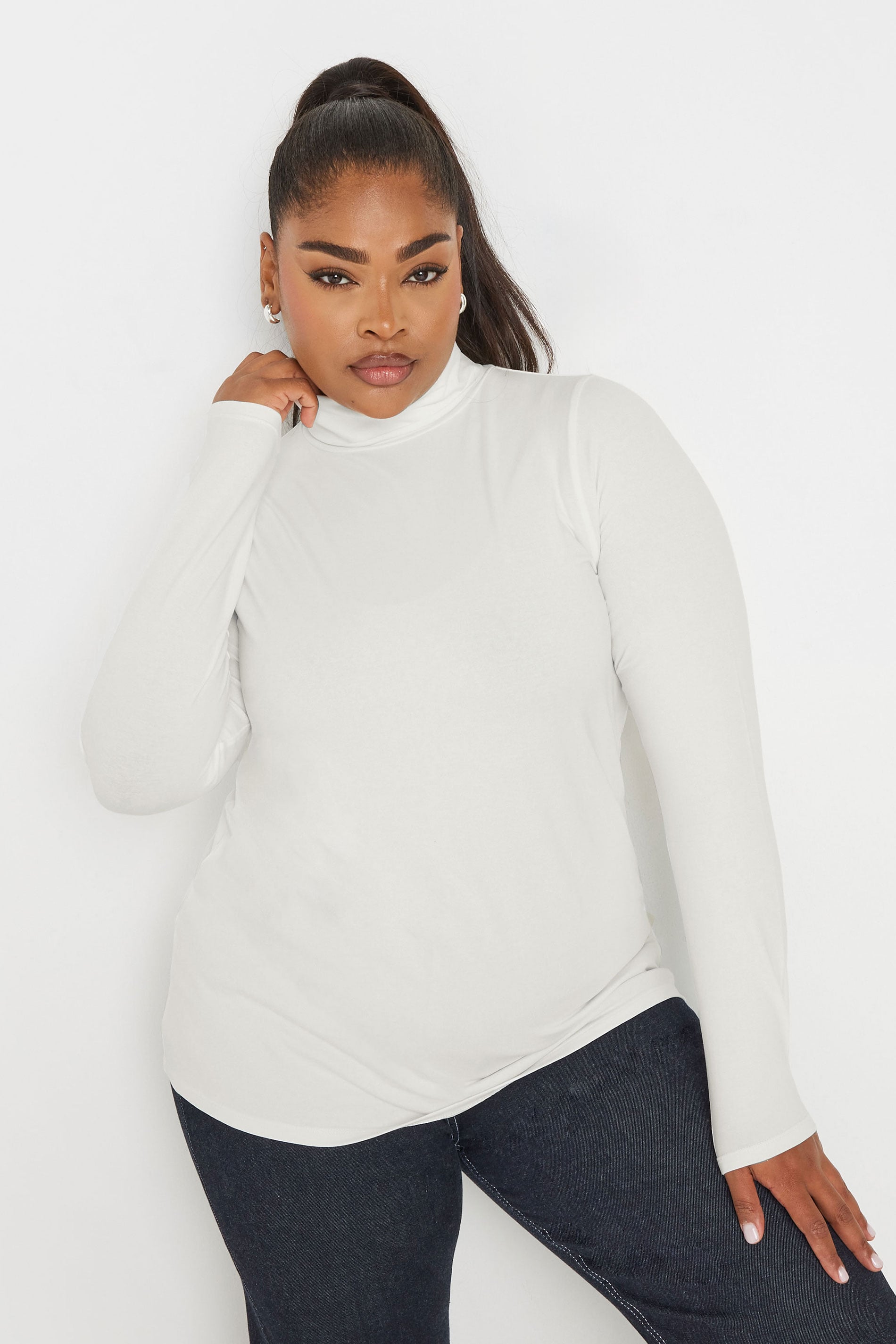 YOURS Plus Size White Long Sleeve Turtle Neck Top | Yours Clothing 3