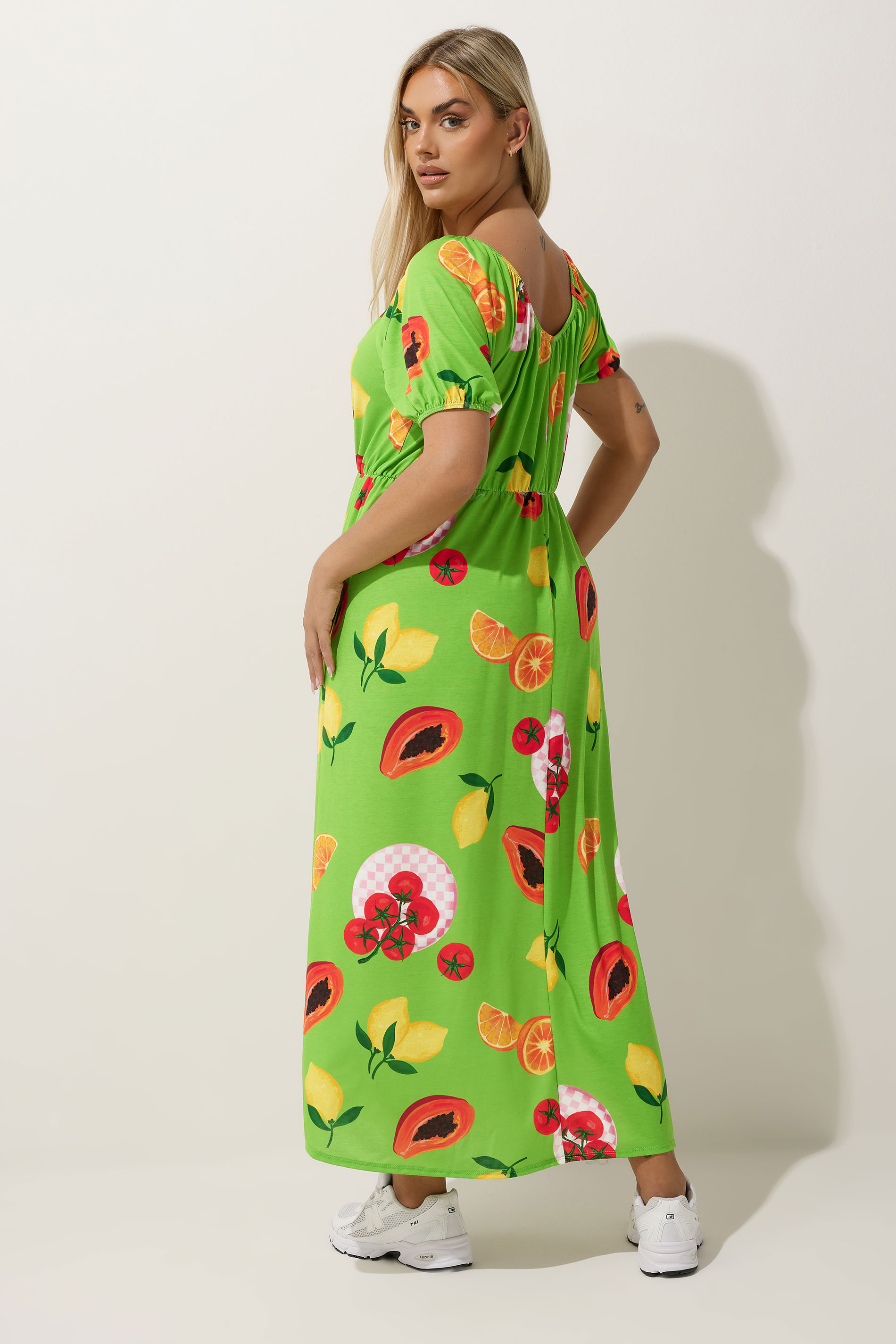 LIMITED COLLECTION Plus Size Green Fruit Print Bardot Dress | Yours Clothing 4