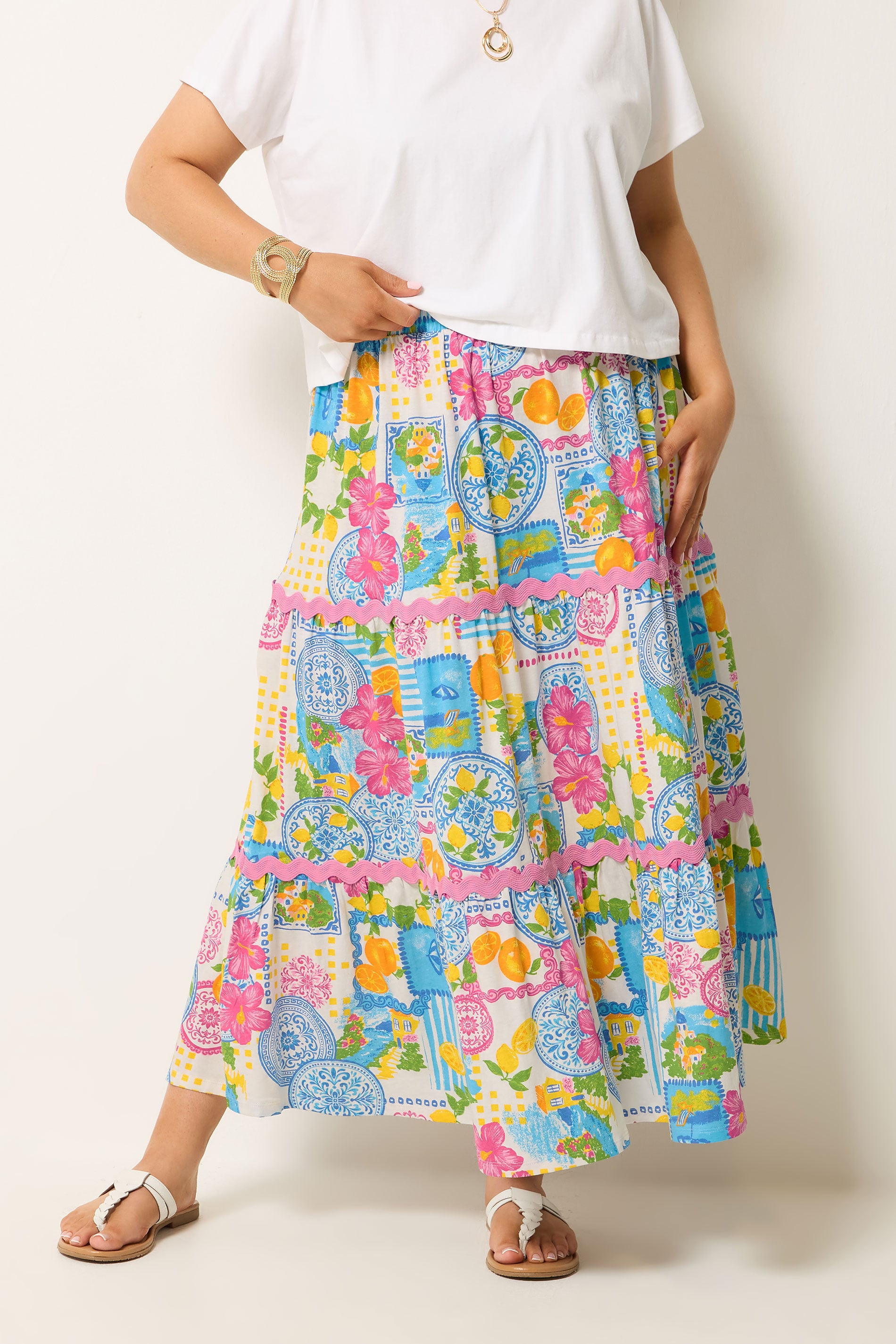 YOURS Plus Size White Tile Print Tiered Maxi Skirt | Yours Clothing 1