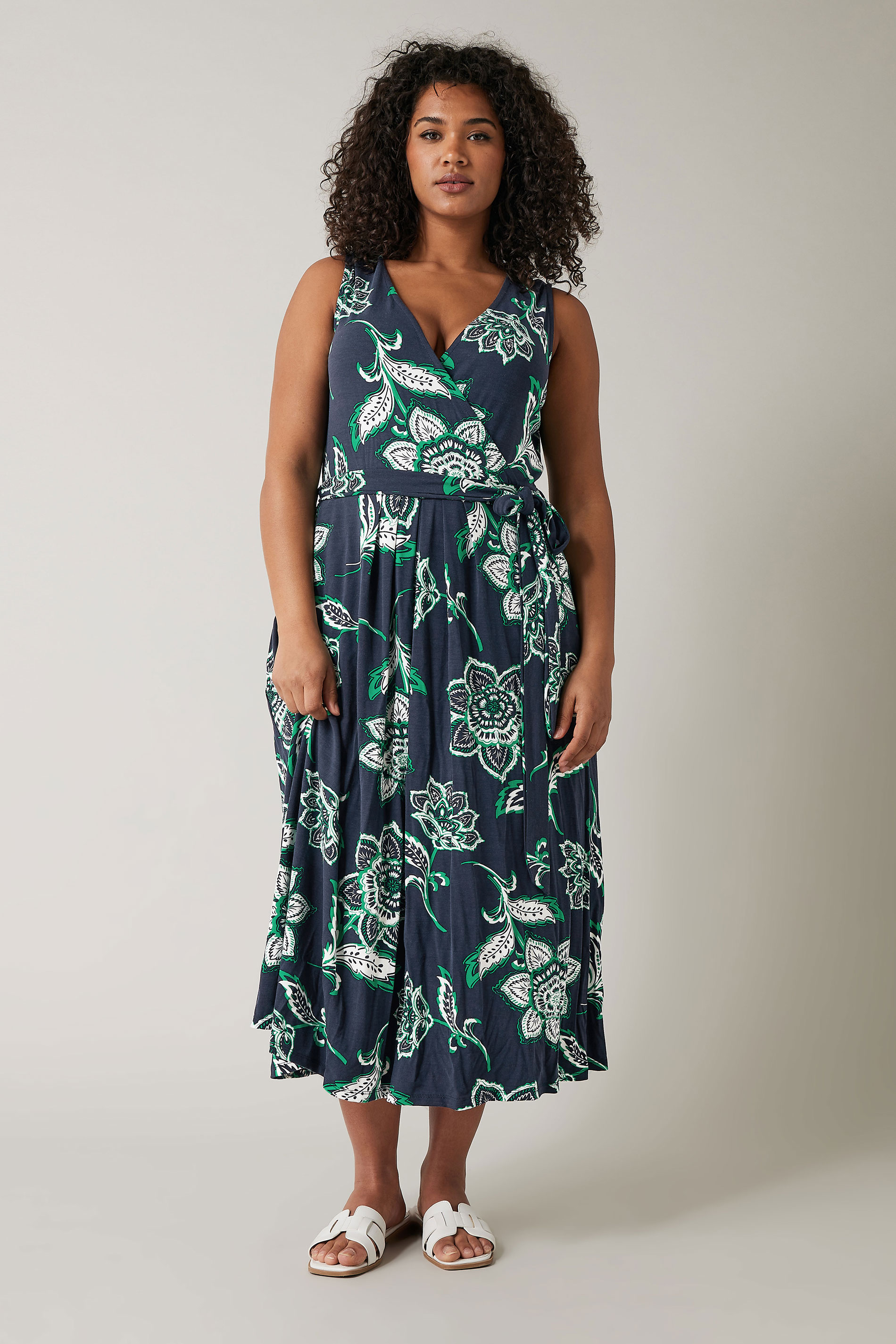 EVANS Plus Size Navy Blue & Green Paisley Print Wrap Dress | Evans  1