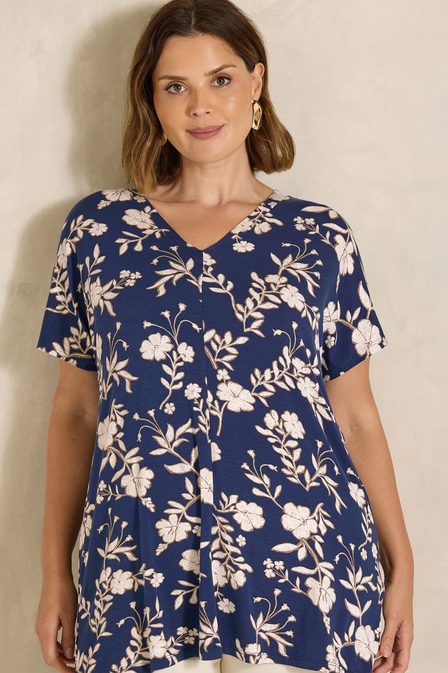 Evans Women's Blue Plus Navy Floral Grownon Sleeve Top Size 26-28