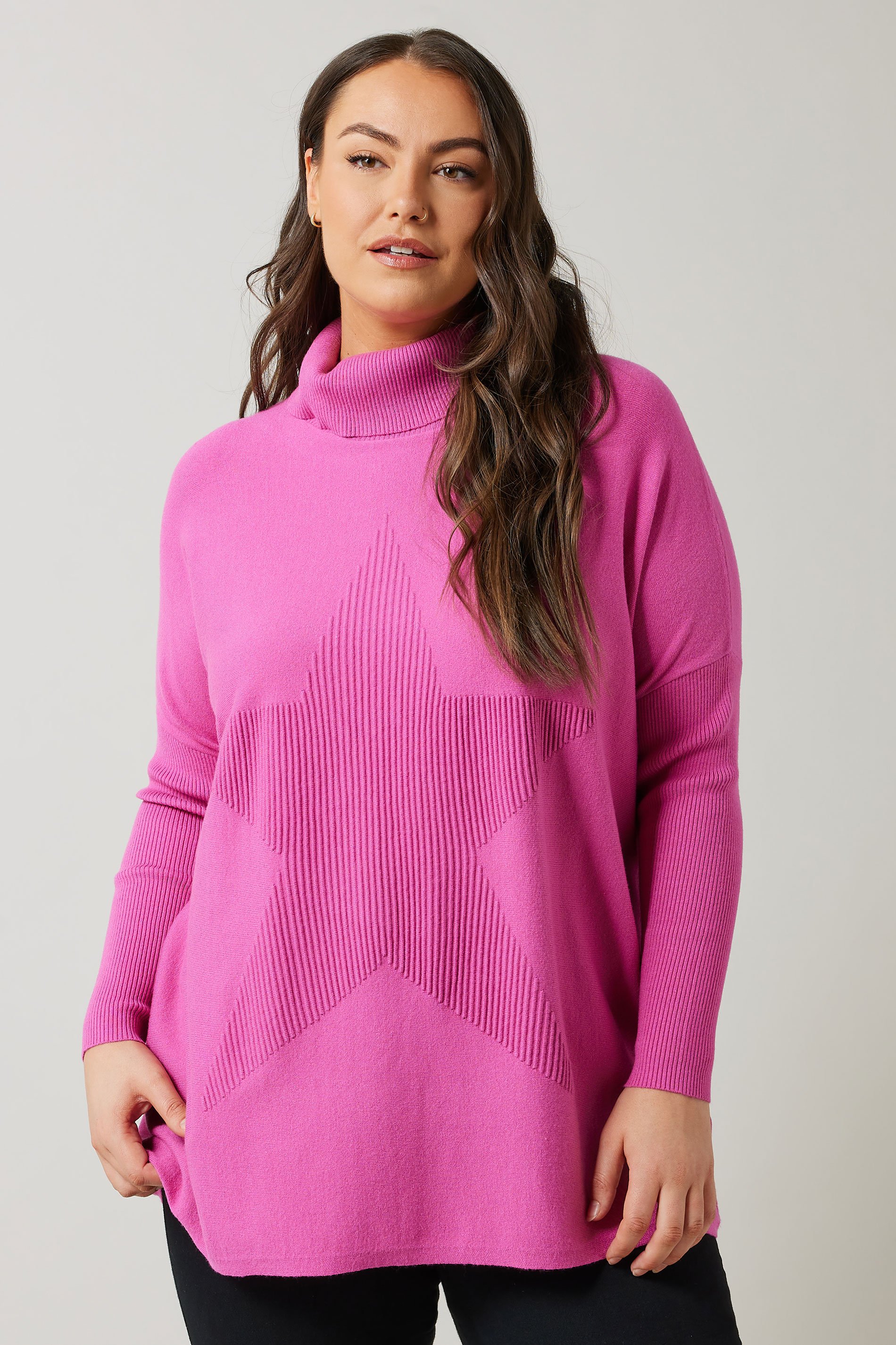 EVANS Plus Size Pink Knitted Star Roll Neck Jumper | Evans 1