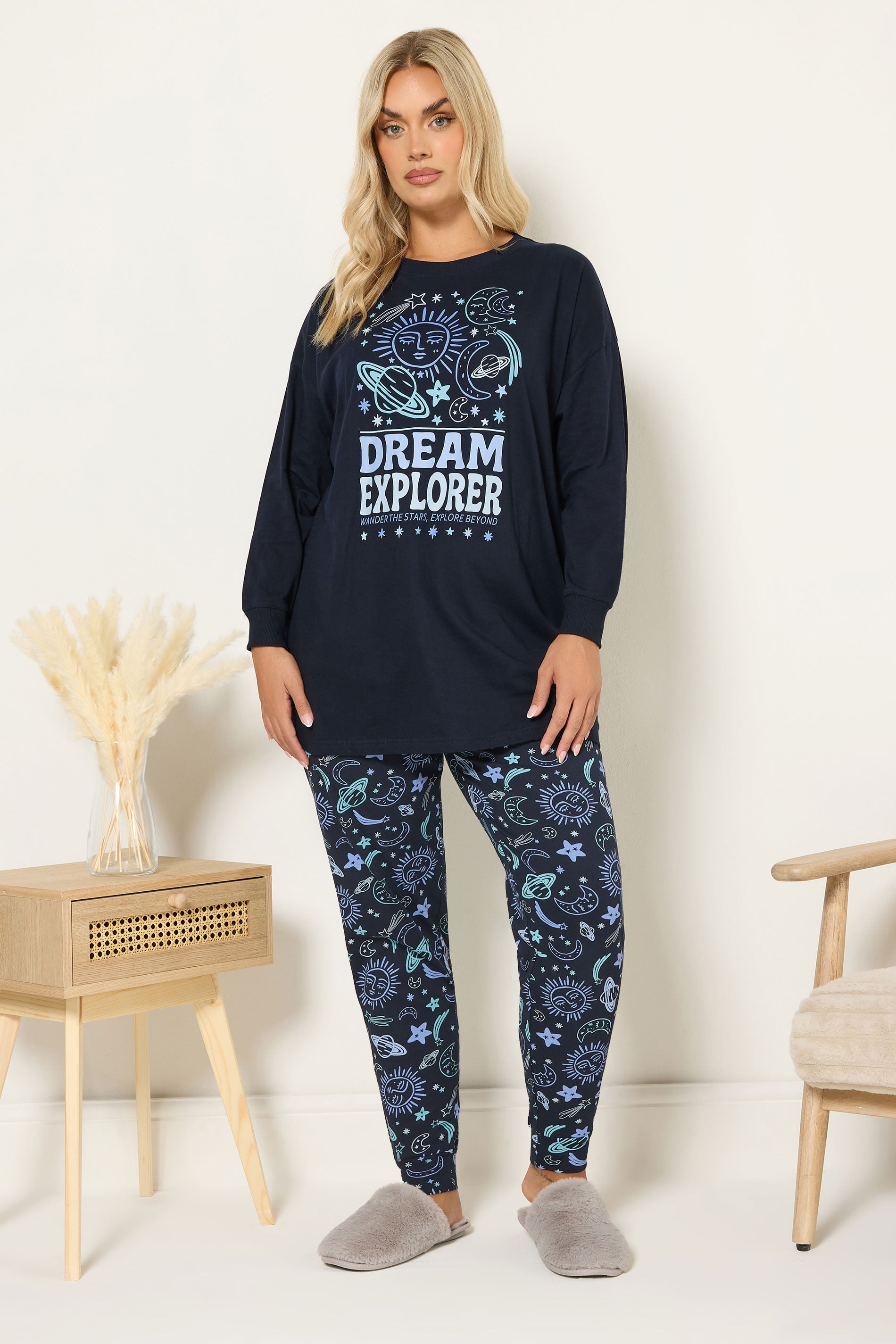 YOURS Plus Size Navy Blue 'Dream Explorer' Cuffed Pyjama Set | Yours Clothing 3