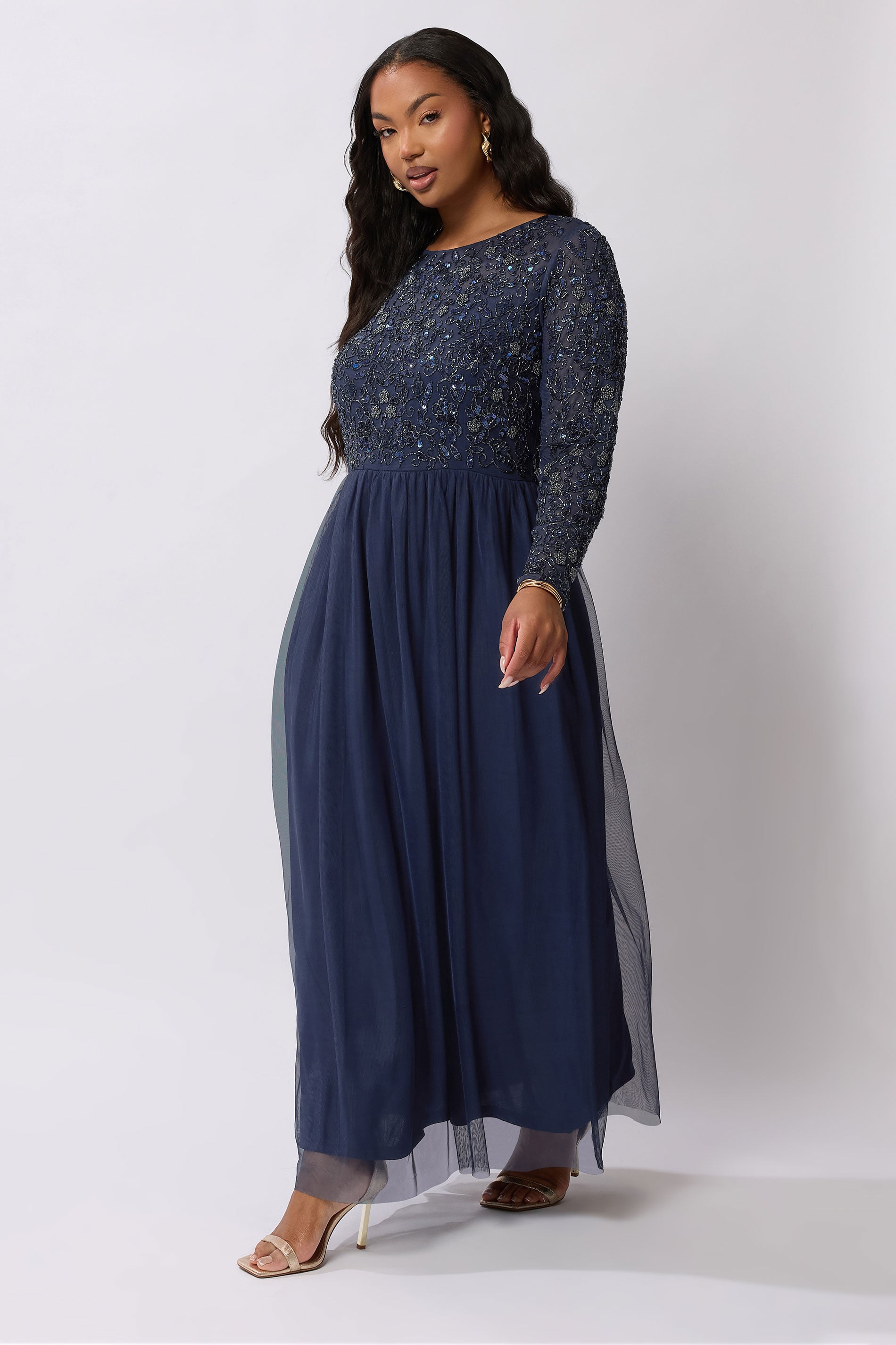 LUXE Plus Size Navy Blue Sequin Floral Hand Embellished Maxi Dress | Yours Clothing 3