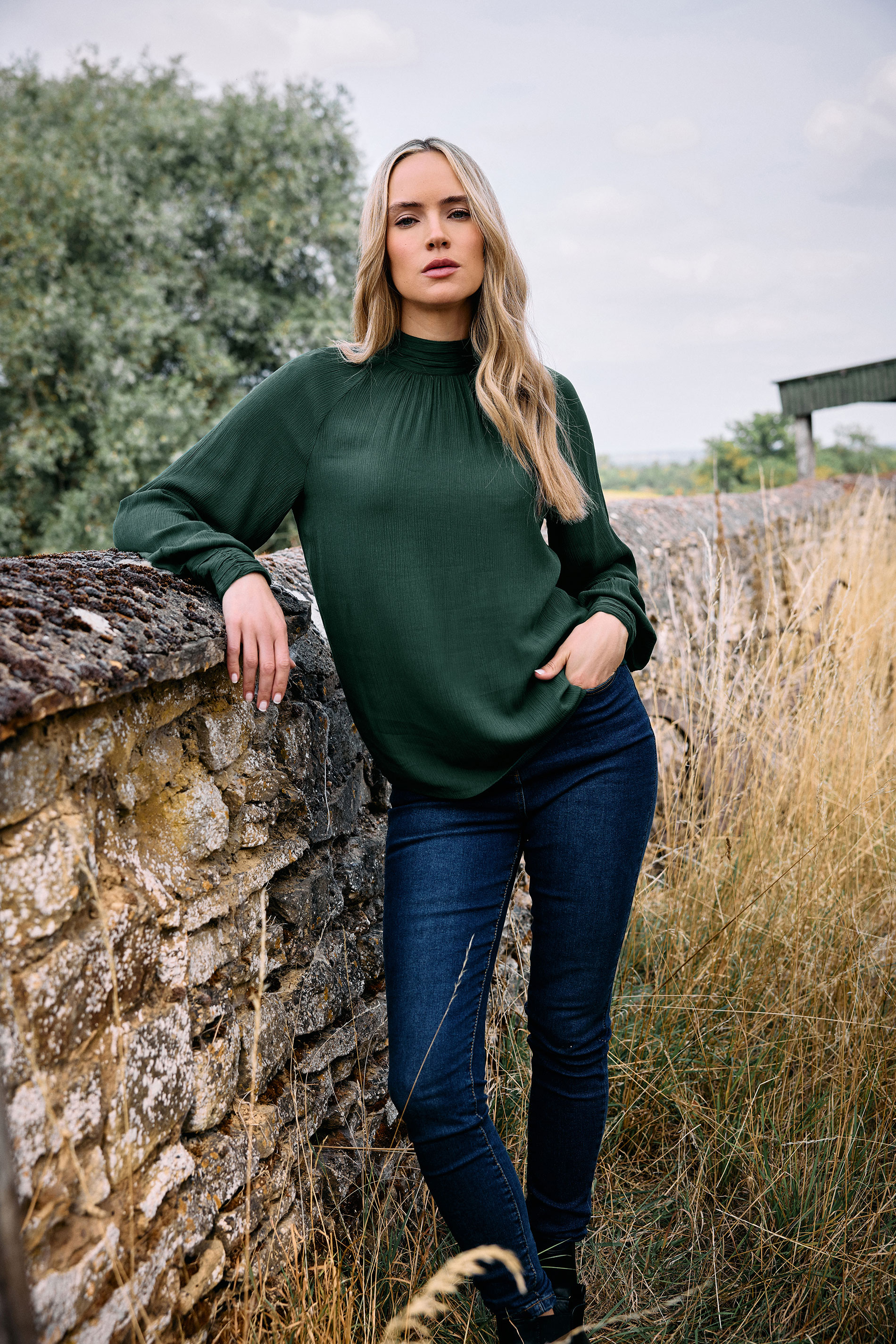 LTS Tall Dark Green High Neck Crinkle Blouse | Long Tall Sally 3