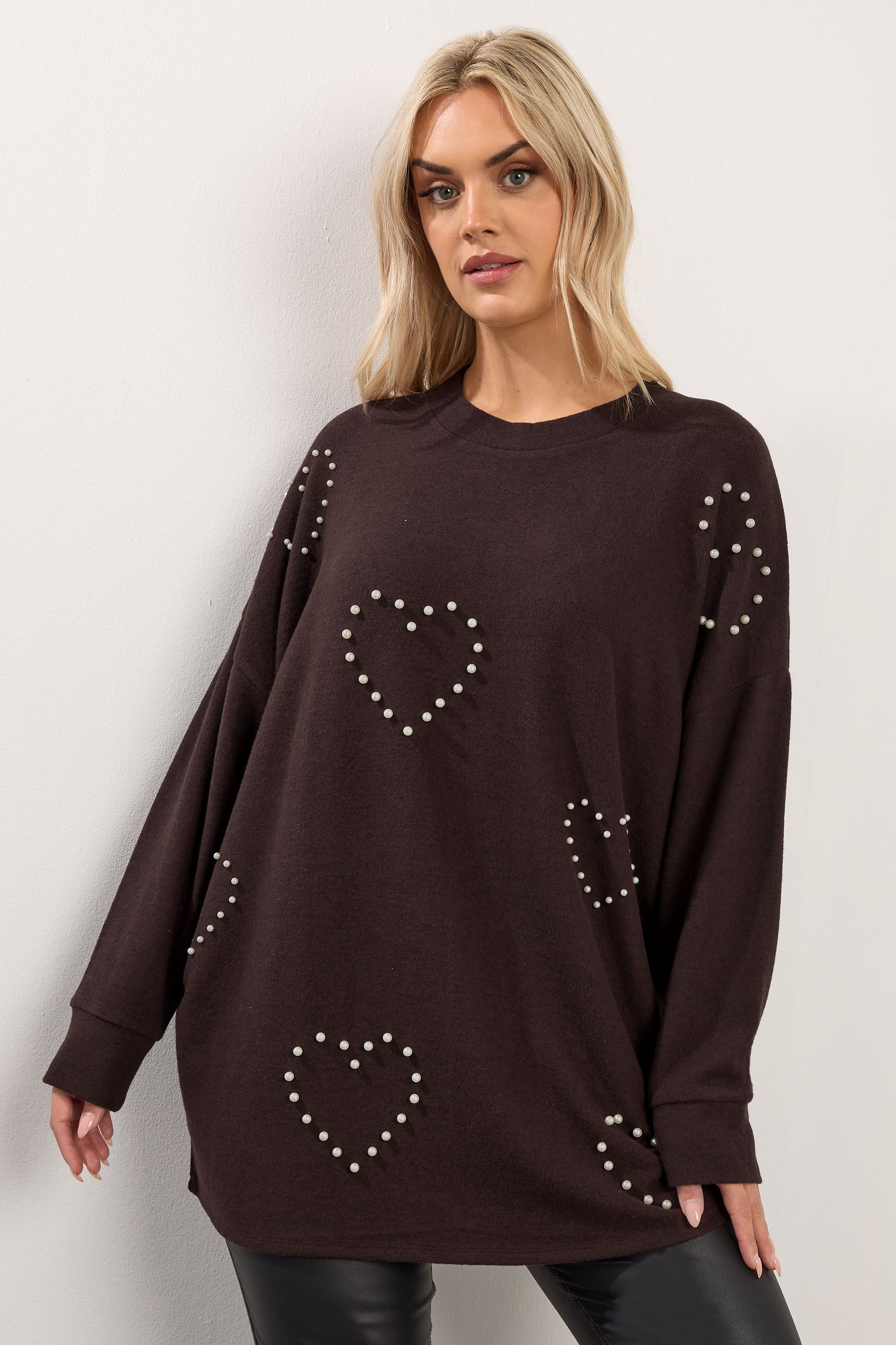 YOURS Plus Size Chocolate Brown Pearl Embellished Soft Touch Jumper | Yours Clothing 3