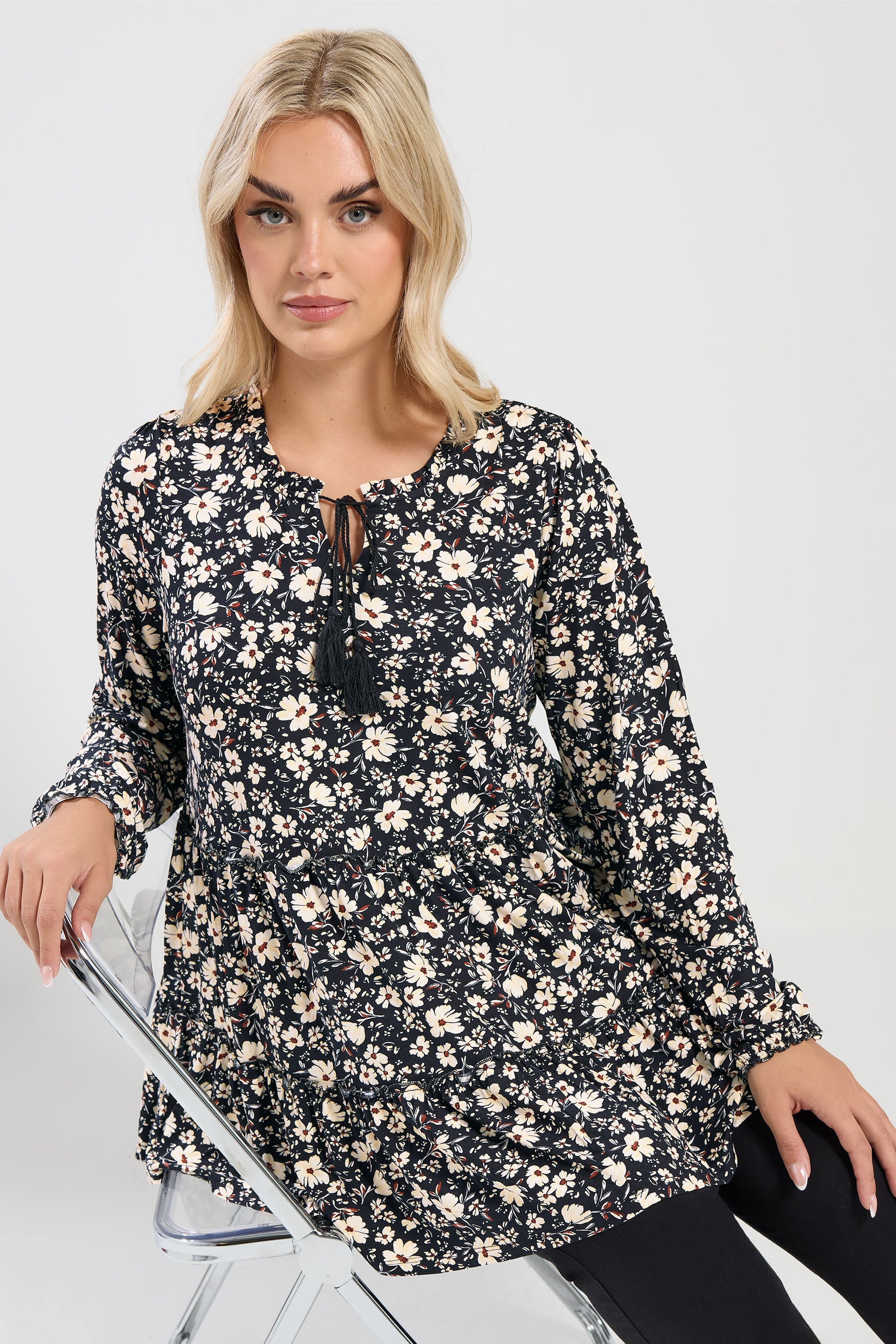YOURS Plus Size Black Floral Tie Neck Tiered Blouse | Yours Clothing 3
