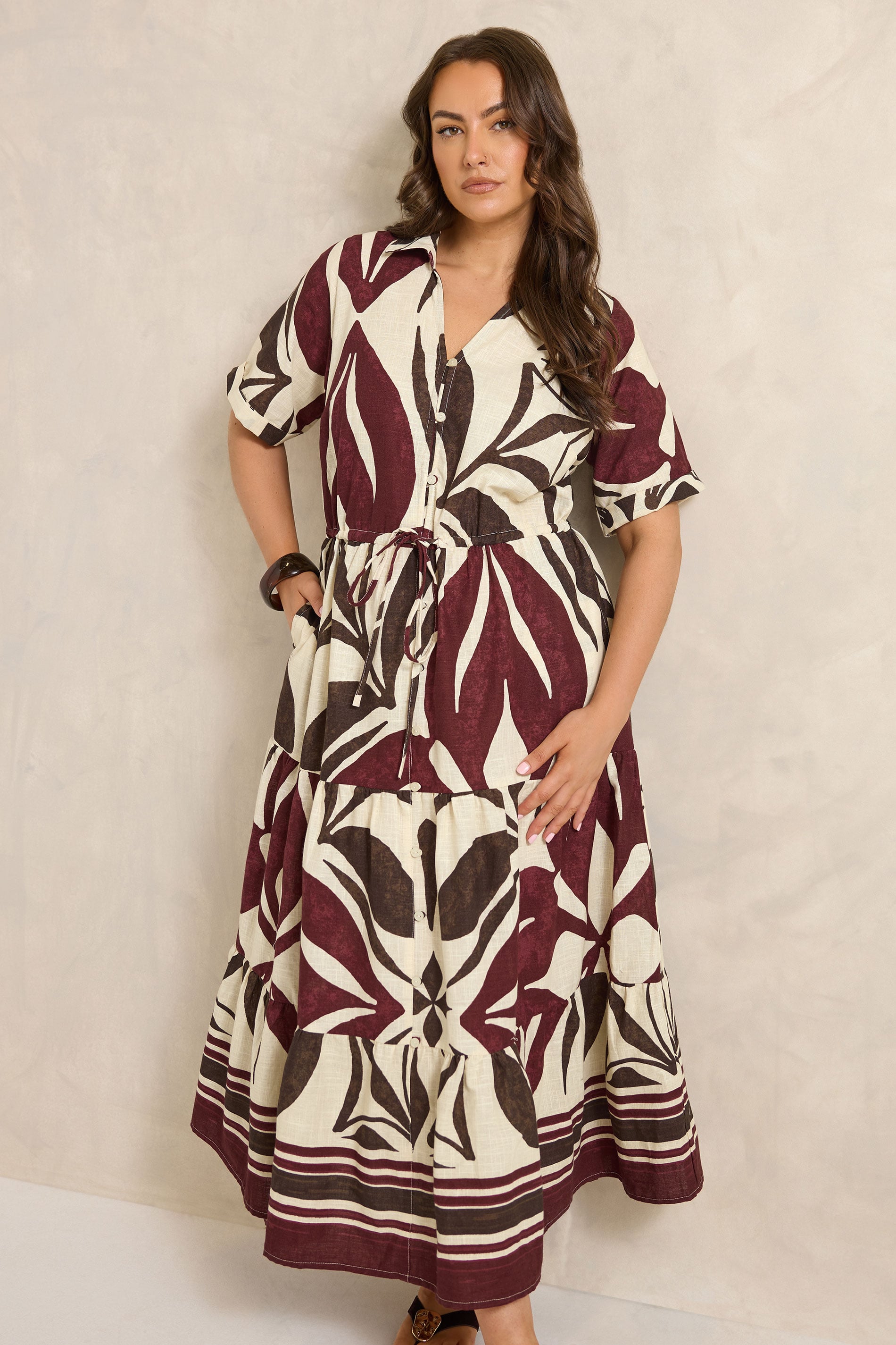 EVANS Plus Size Cream & Red Abstract Leaf Print Cotton Dress | Evans  1